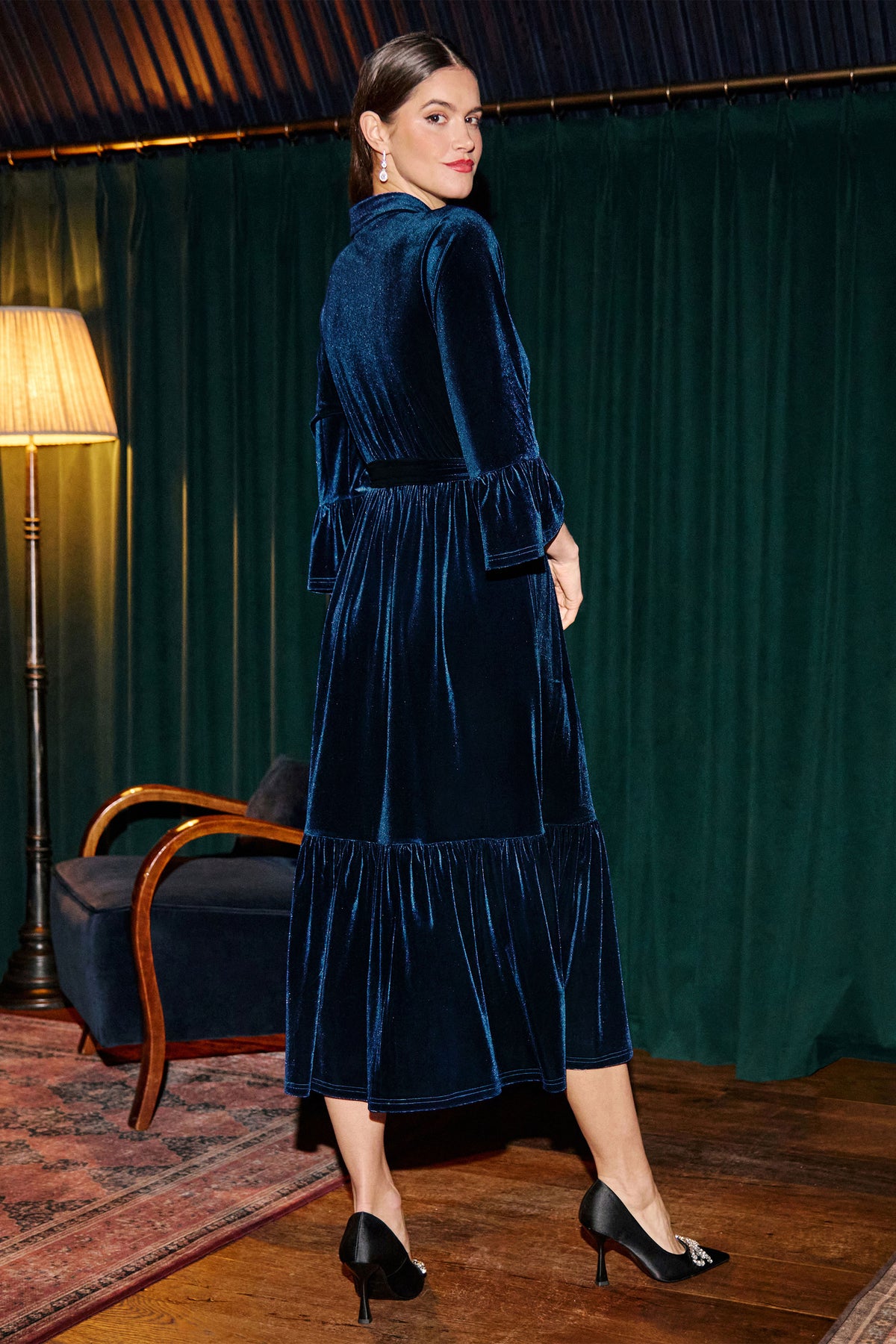 Yumi Teal Velvet Midi Dress With Fluted Sleeves Dress Party Yumi