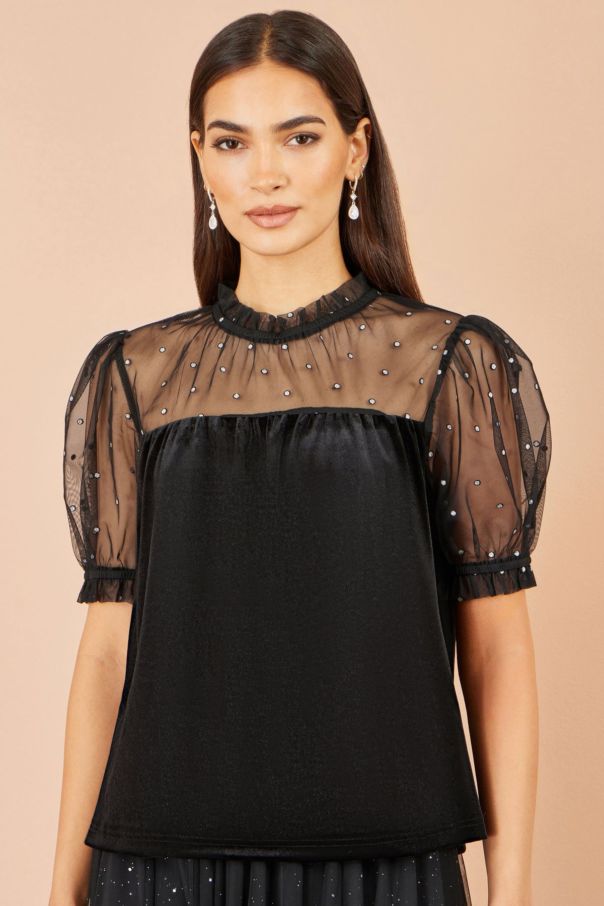 Yumi Black Velvet Mesh Embellished Top Tops Yumi