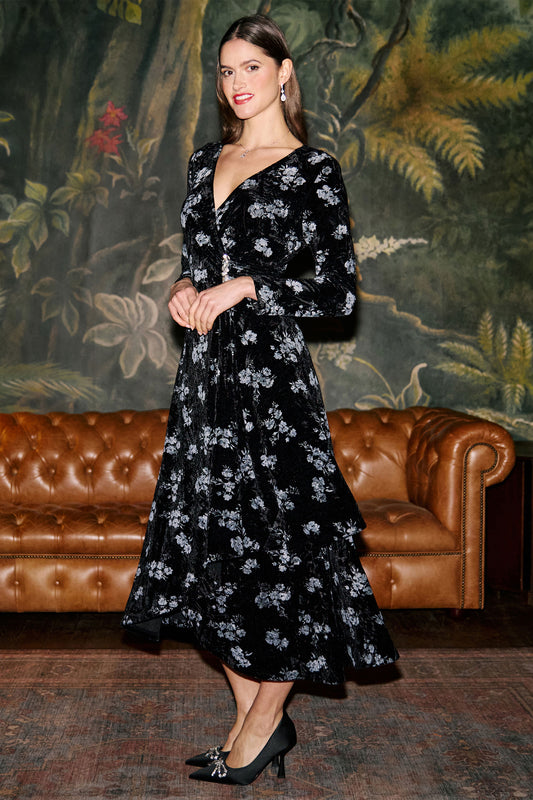 Yumi Black Floral Velvet Midi Wrap Dress Dress Party Yumi