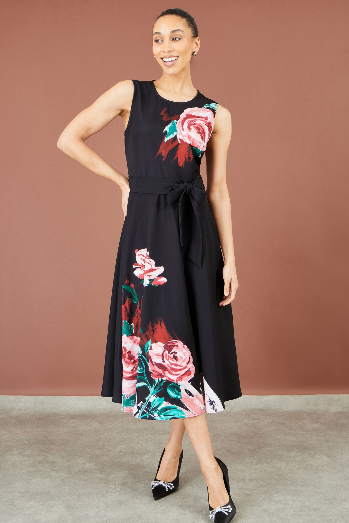 Yumi Black Abstract Floral Skater Midi Dress Dress Party Yumi