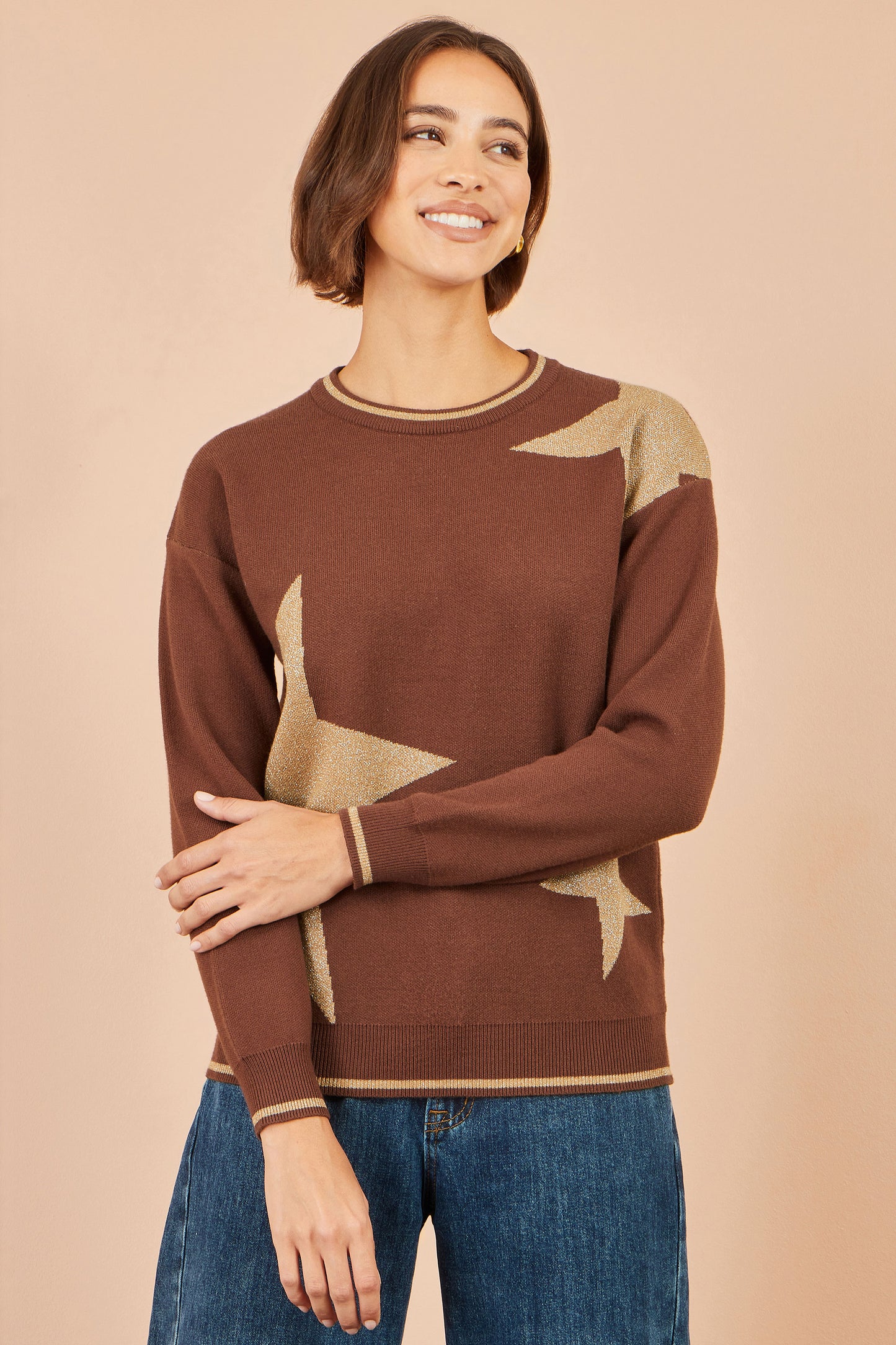 Yumi Brown Viscose Star Relaxed Jumped With Sparkle Knit Jumper Yumi