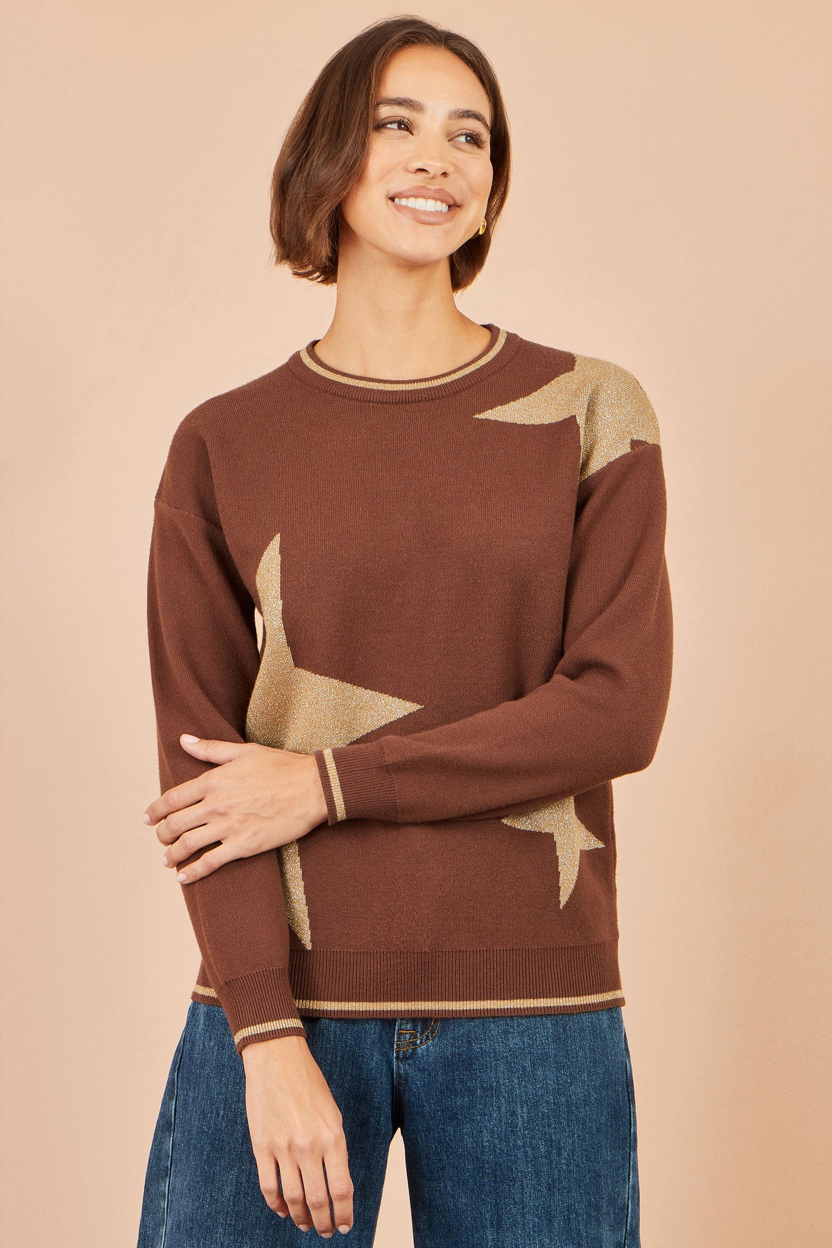 Yumi Brown Viscose Star Relaxed Jumped With Sparkle Knit Jumper Yumi