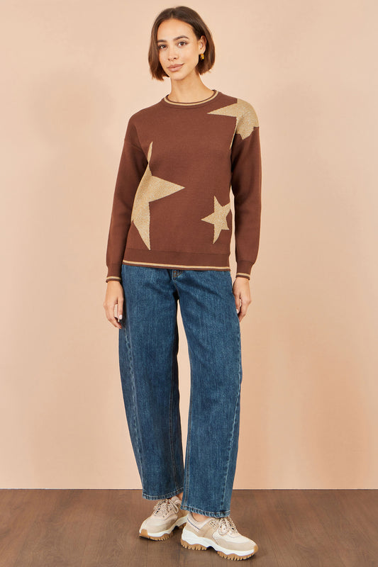 Yumi Brown Viscose Star Relaxed Jumper With Sparkle Knit Jumper Yumi