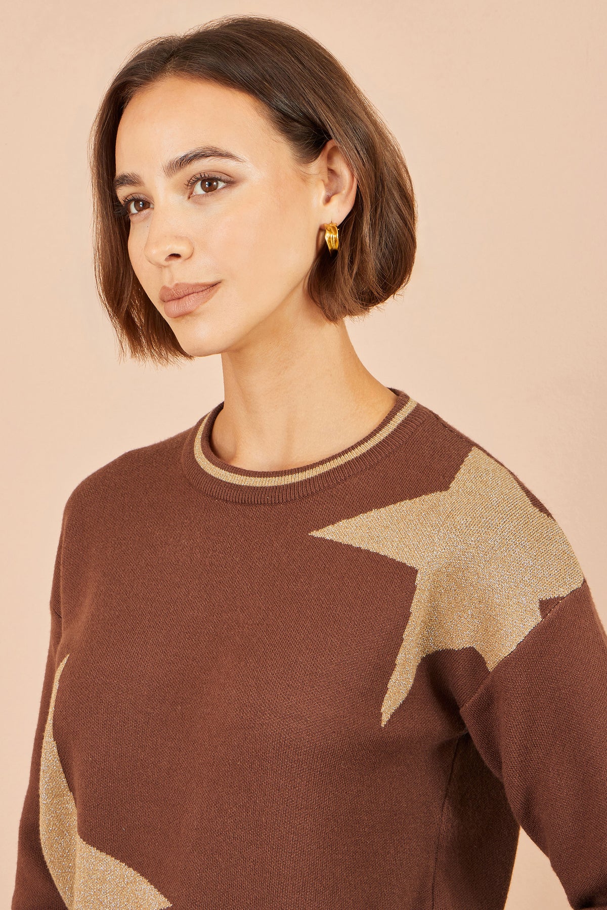 Yumi Brown Viscose Star Relaxed Jumped With Sparkle Knit Jumper Yumi