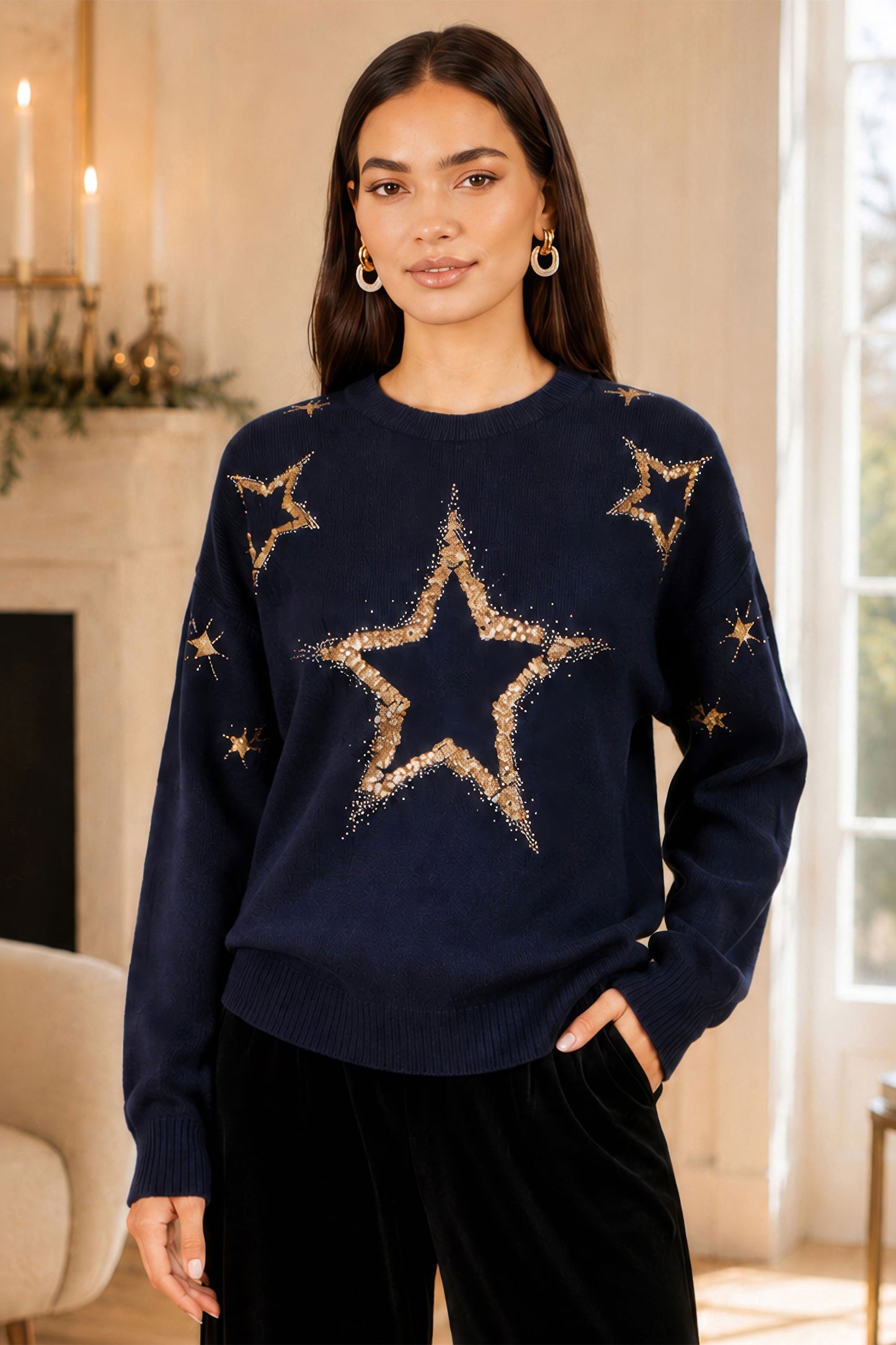Yumi Navy Viscose Star Sequin Relaxed Jumper