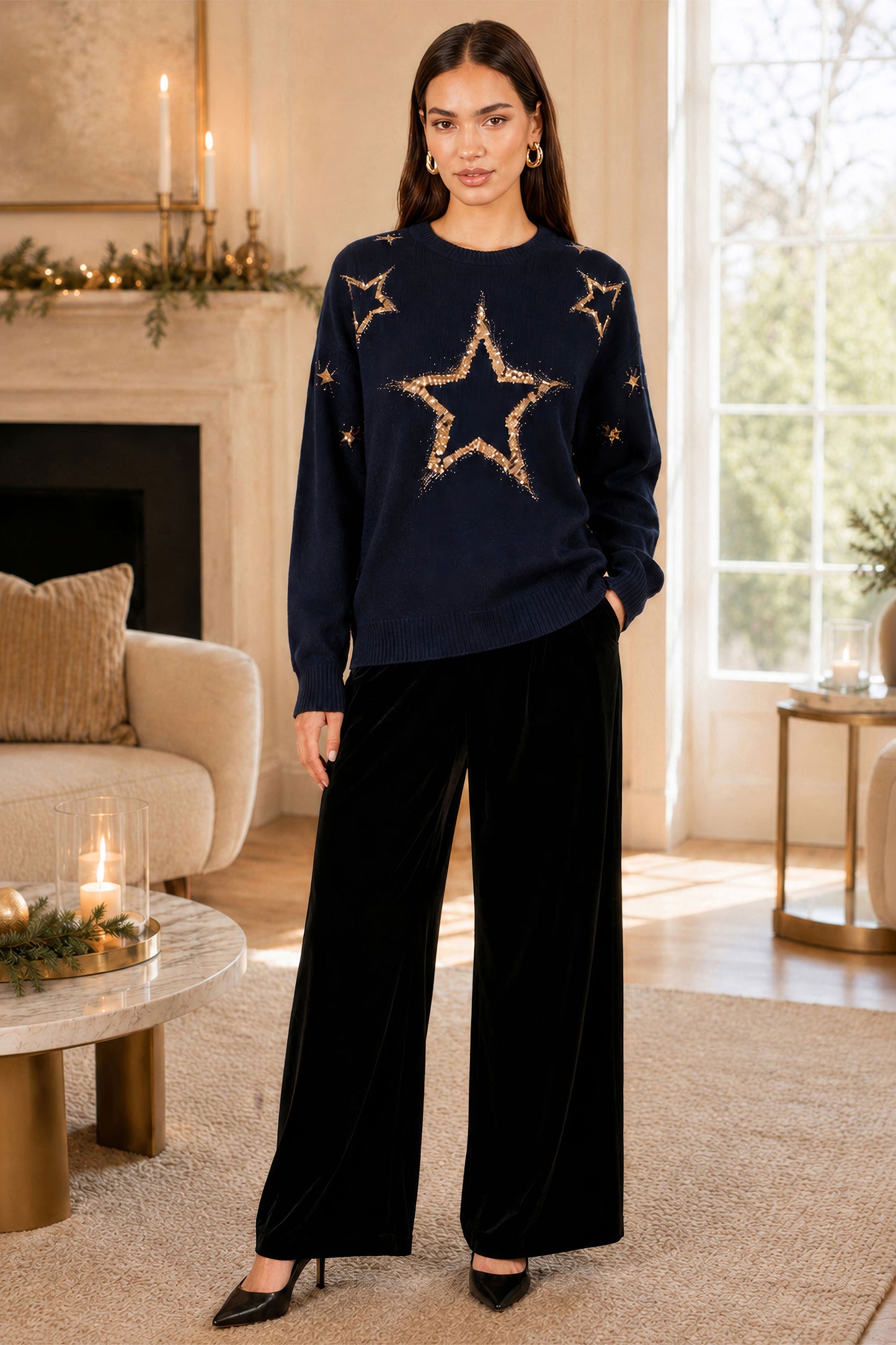 Yumi Navy Viscose Star Sequin Relaxed Jumper