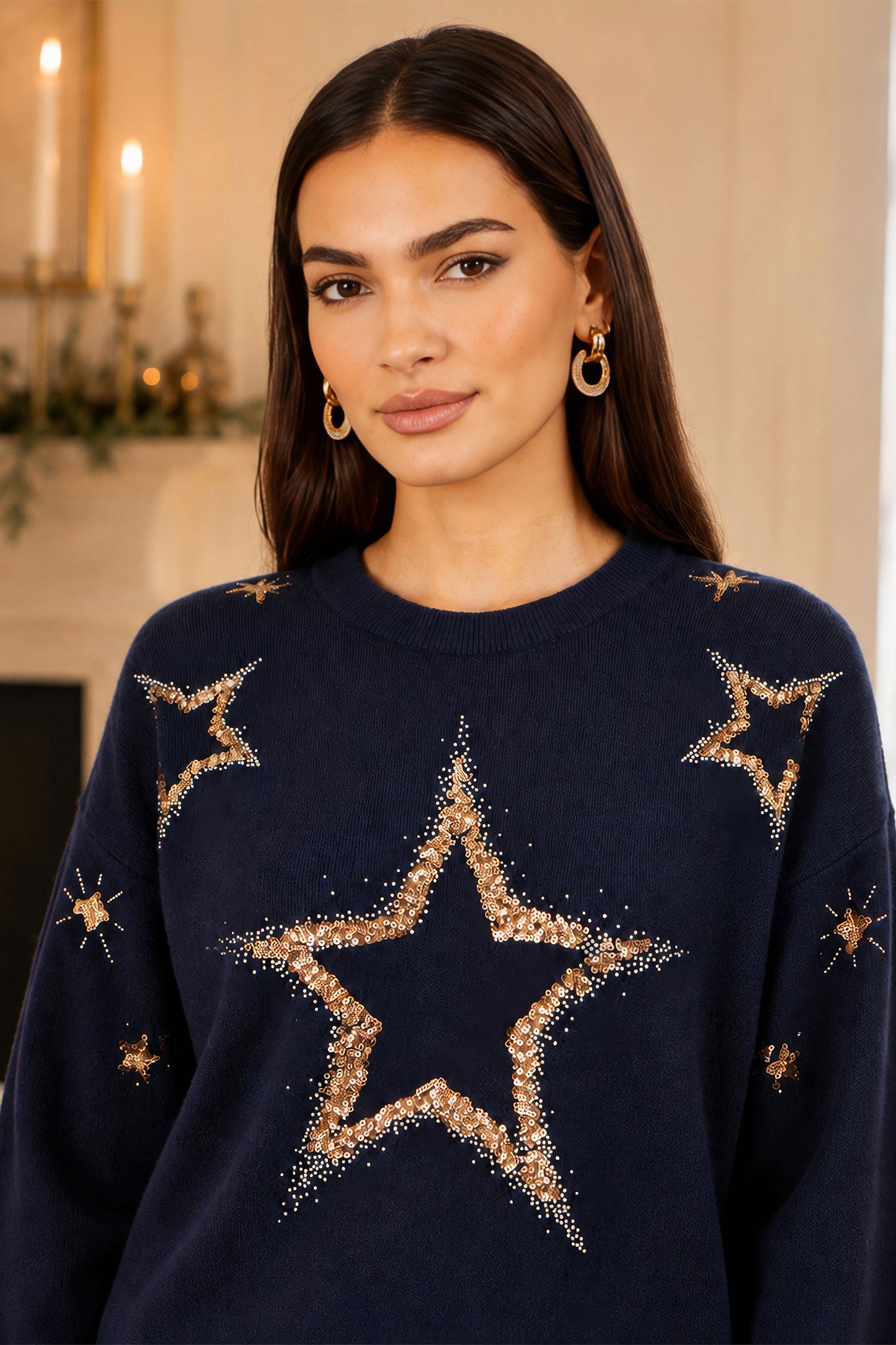 Yumi Navy Viscose Star Sequin Relaxed Jumper