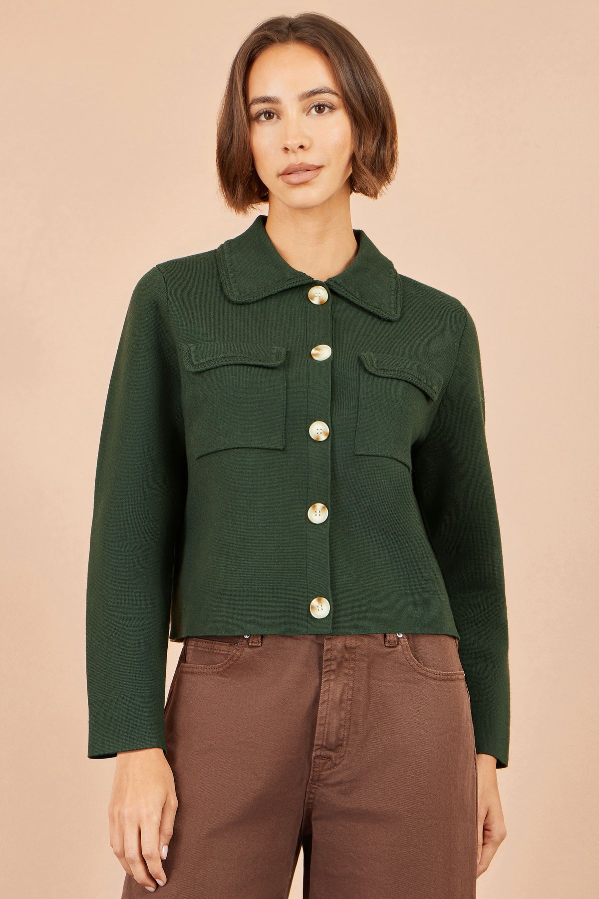 Yumi Green Knitted Box Jacket With Pockets Knit Cardigan Yumi