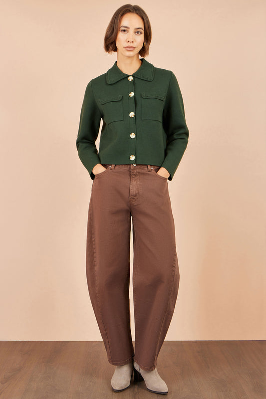 Yumi Green Knitted Box Jacket With Pockets Knit Cardigan Yumi