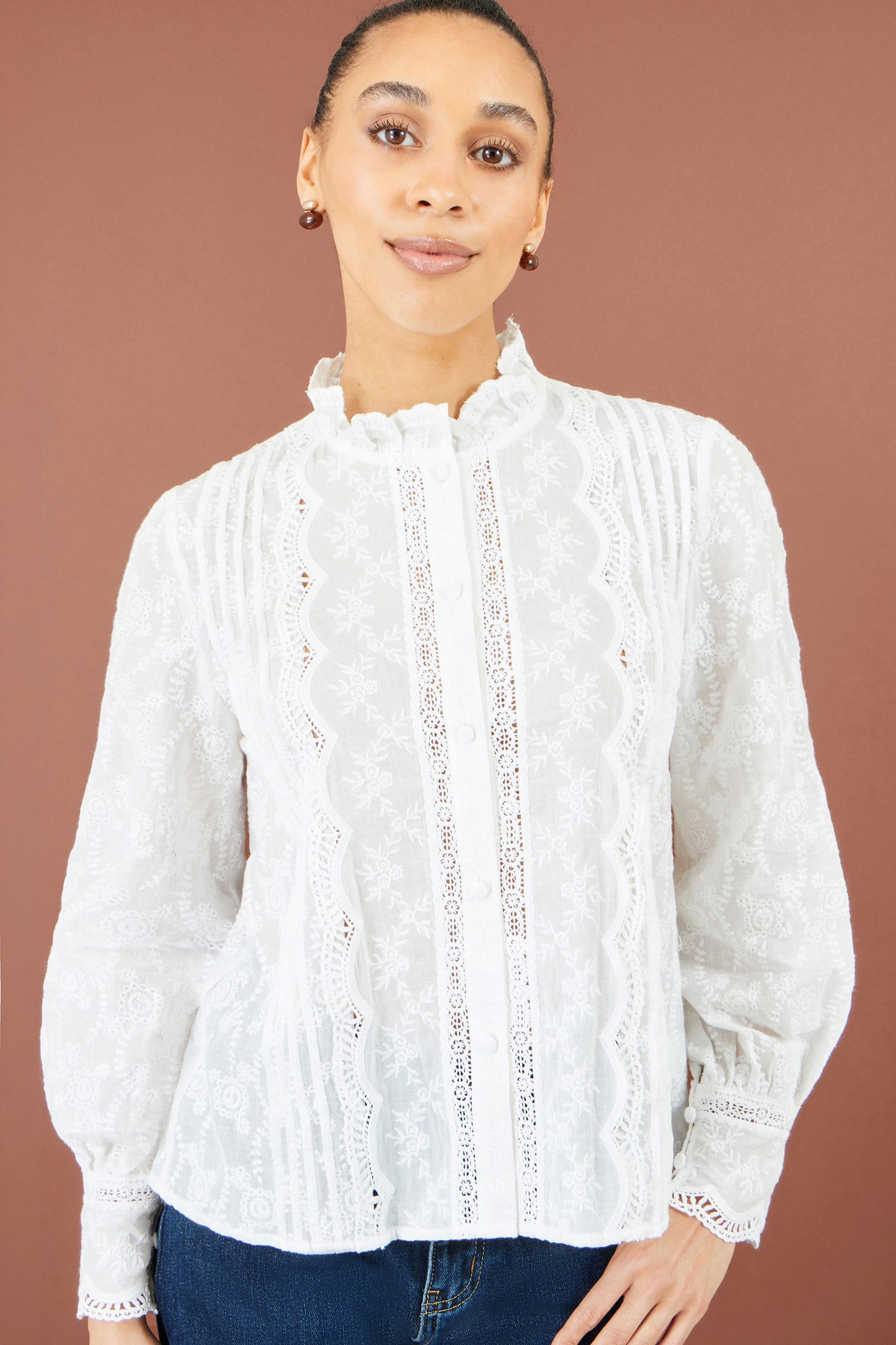 Yumi White Floral Cotton Shirt With Lace Details Tops Yumi