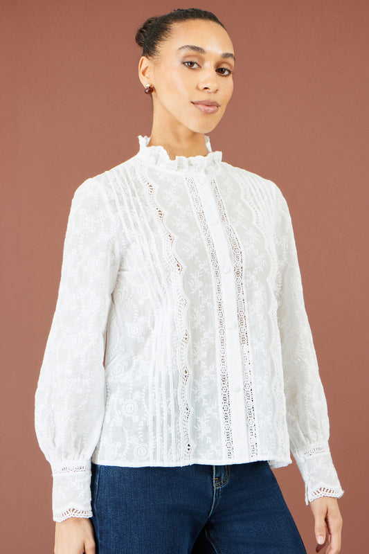 Yumi White Floral Cotton Shirt With Lace Details Tops Yumi
