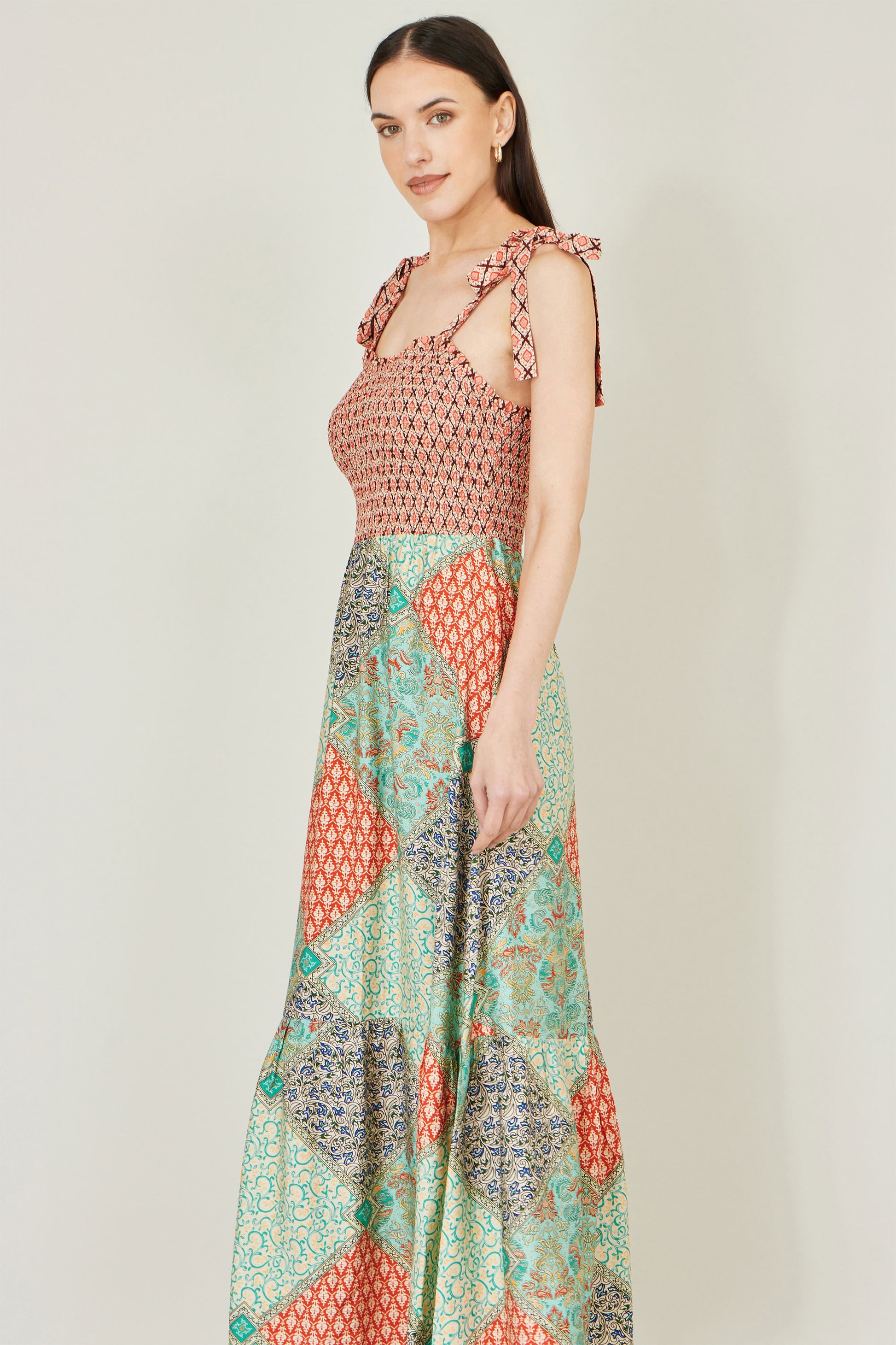 Yumi Multicolour Patchwork Ruched Smocked Maxi Sundress Dress Casual Yumi