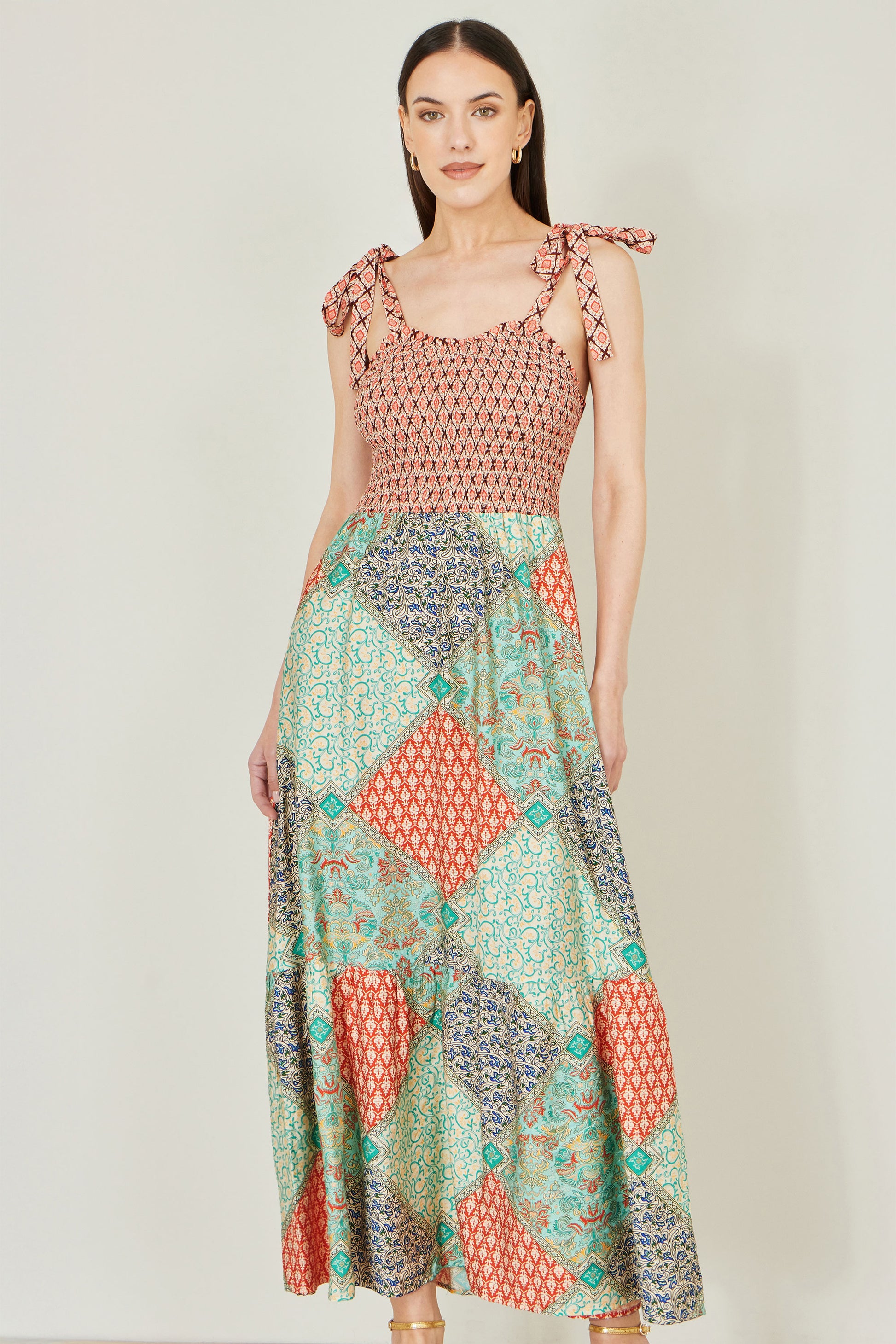 Yumi Multicolour Patchwork Ruched Smocked Maxi Sundress Dress Casual Yumi