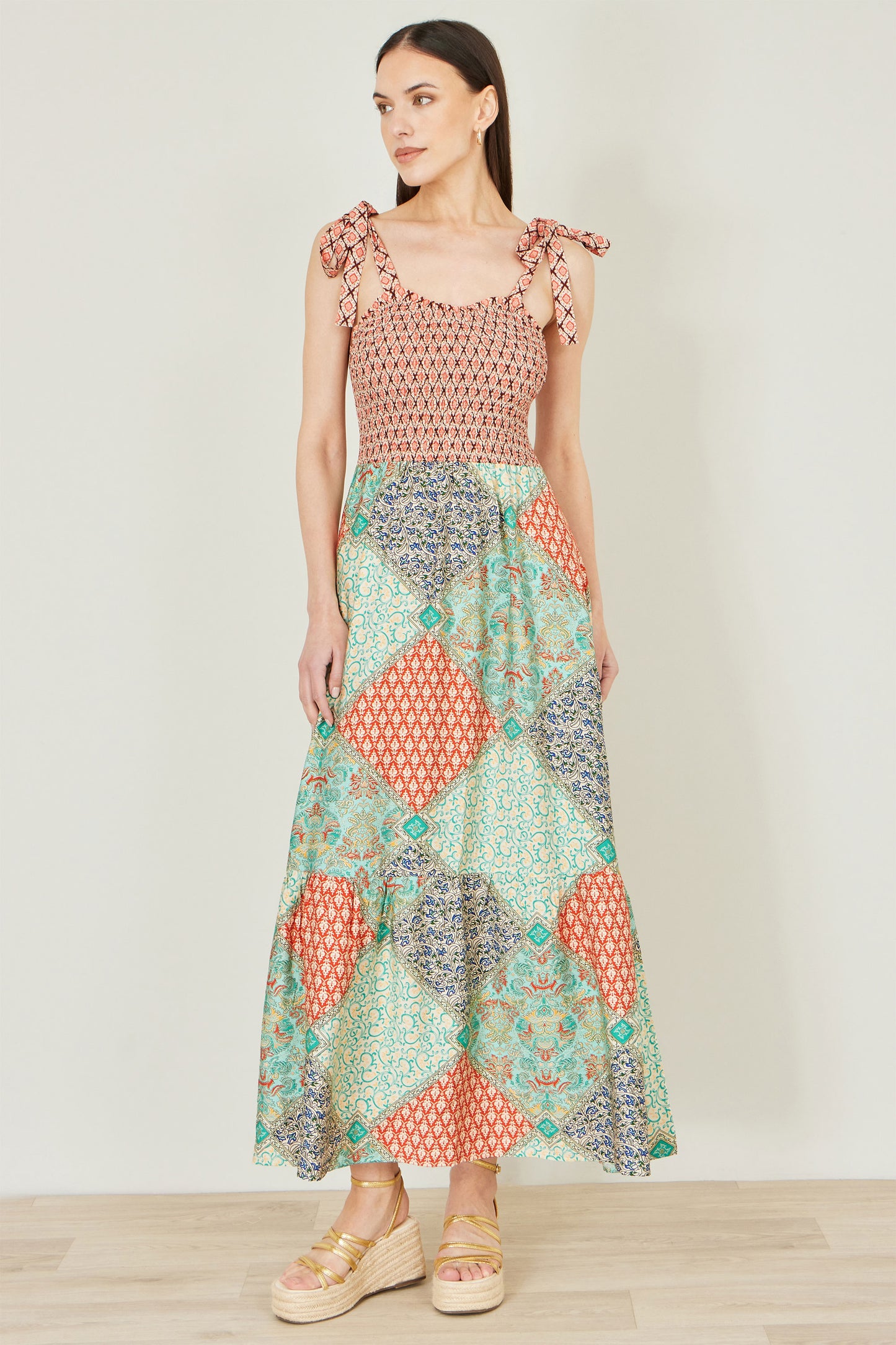 Yumi Multicolour Patchwork Ruched Smocked Maxi Sundress Dress Casual Yumi