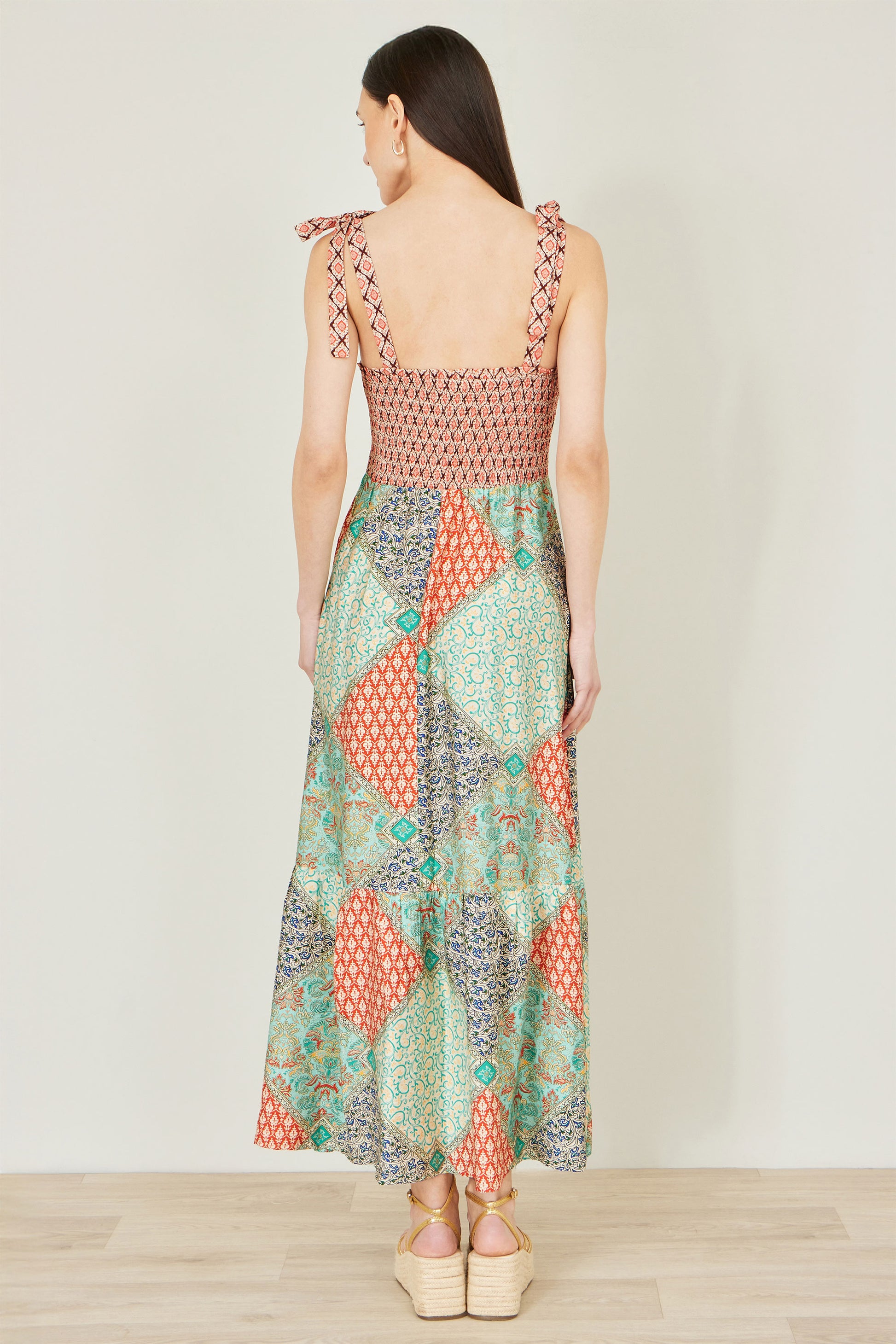 Yumi Multicolour Patchwork Ruched Smocked Maxi Sundress Dress Casual Yumi