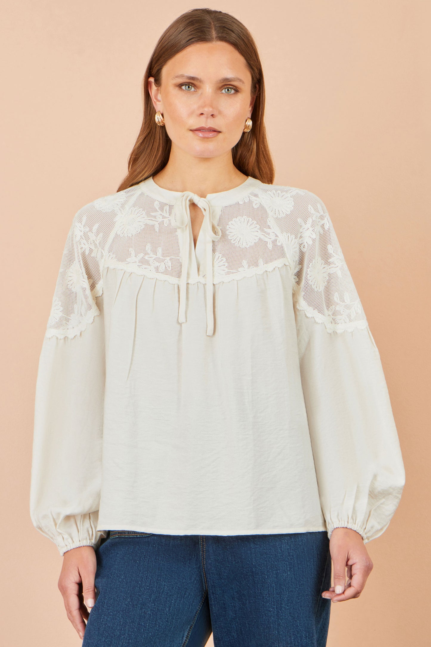 Yumi Ivory Viscose Lace Relaxed Boho Shirt Tops Yumi