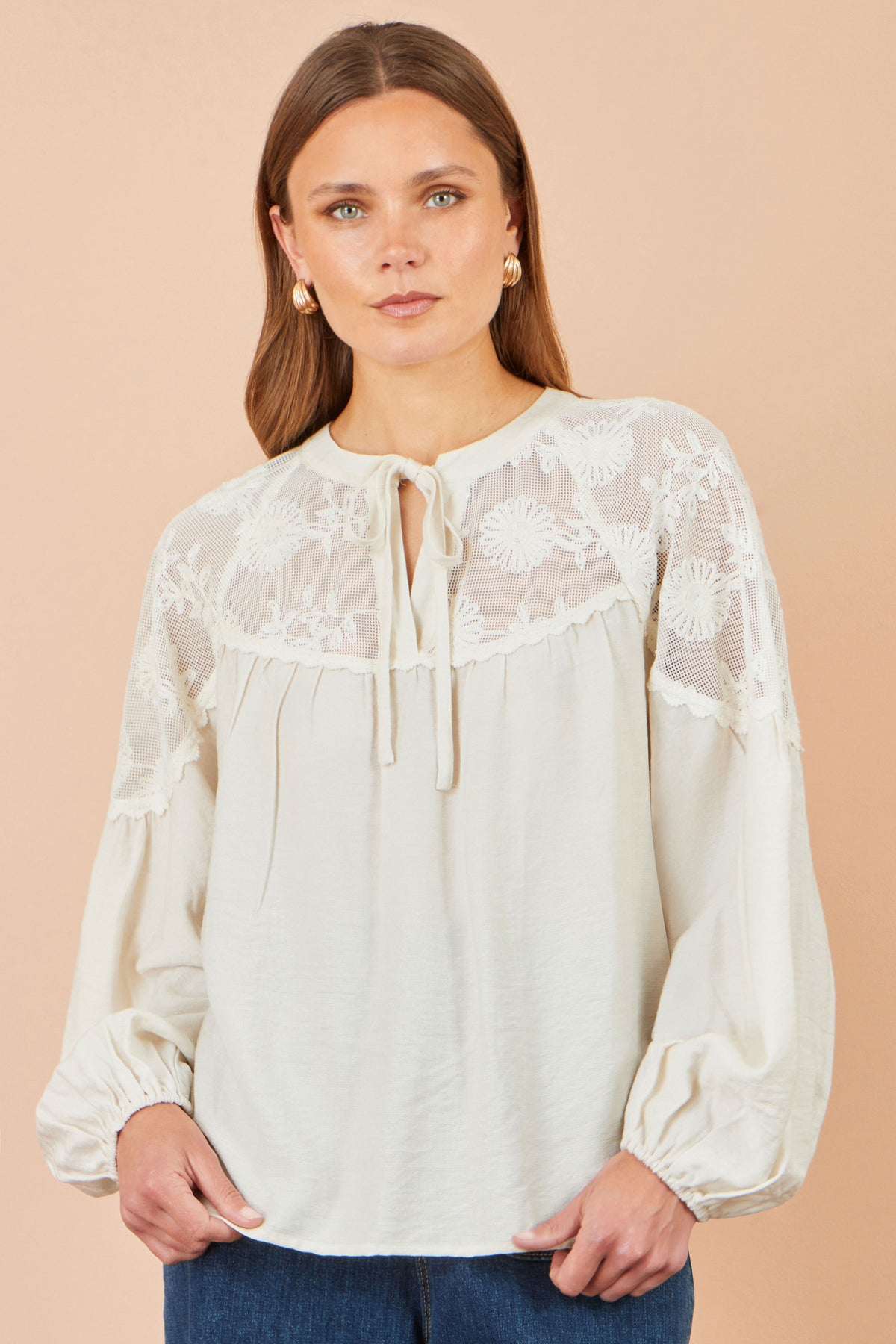 Yumi Ivory Viscose Lace Relaxed Boho Shirt Tops Yumi