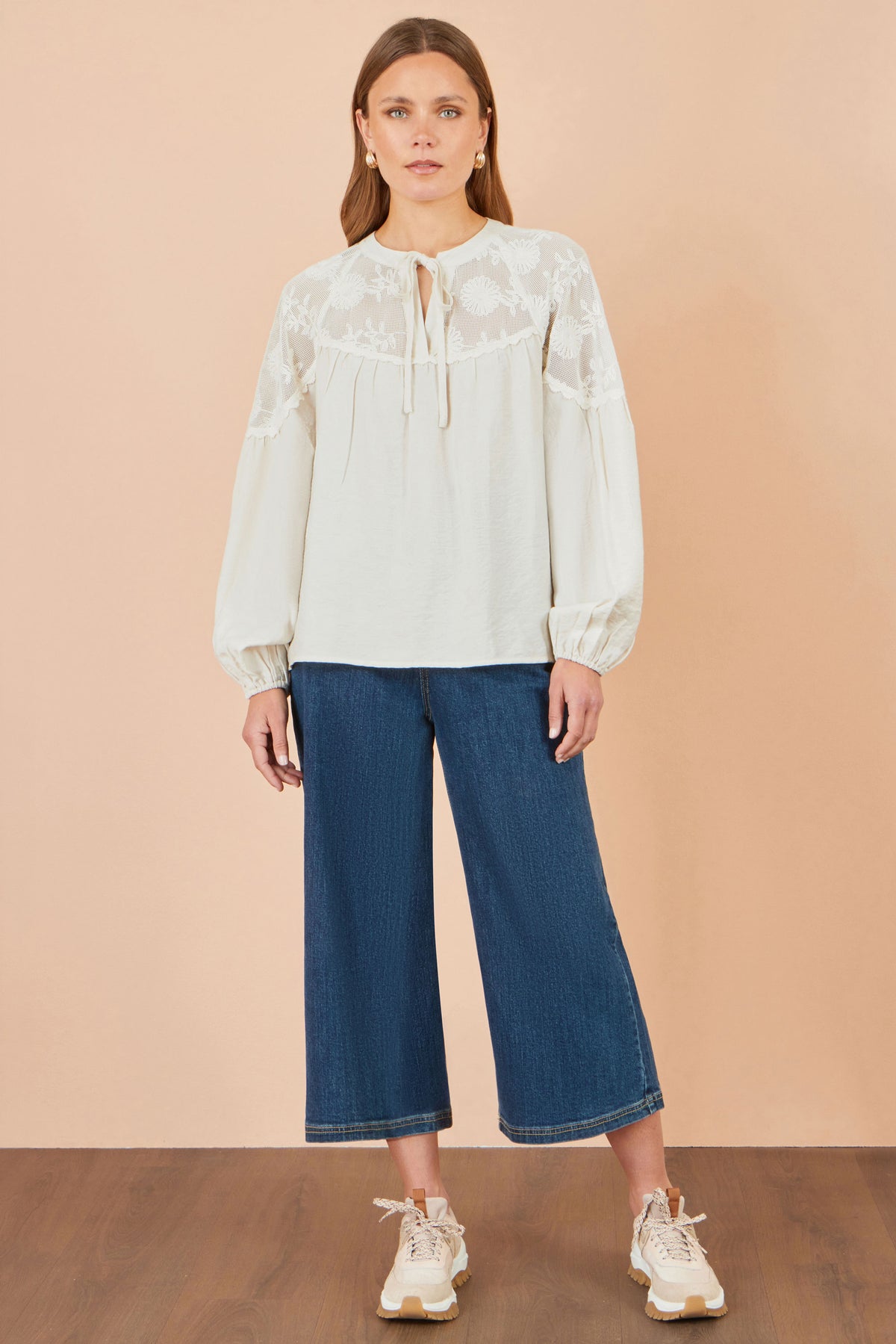 Yumi Ivory Viscose Lace Relaxed Boho Shirt Tops Yumi