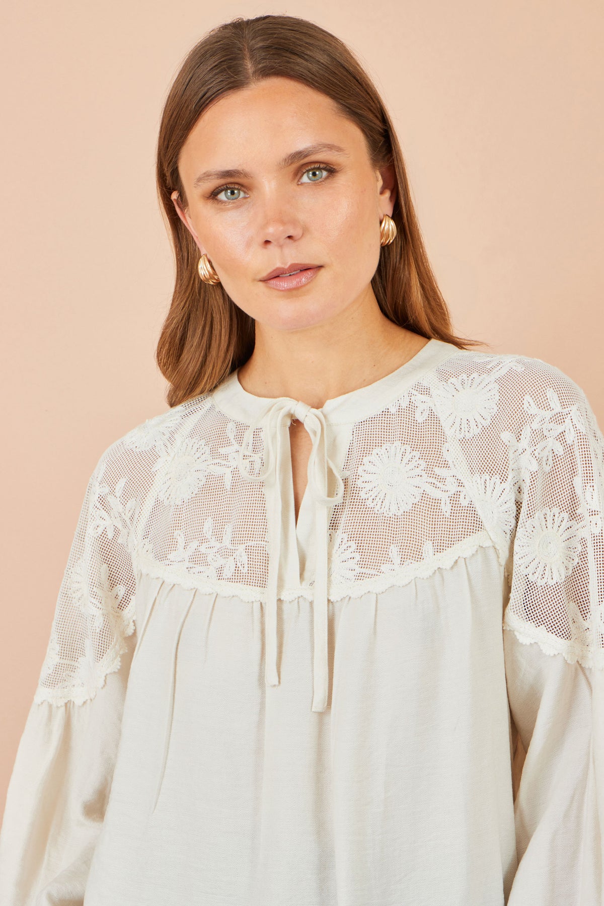 Yumi Ivory Viscose Lace Relaxed Boho Shirt Tops Yumi