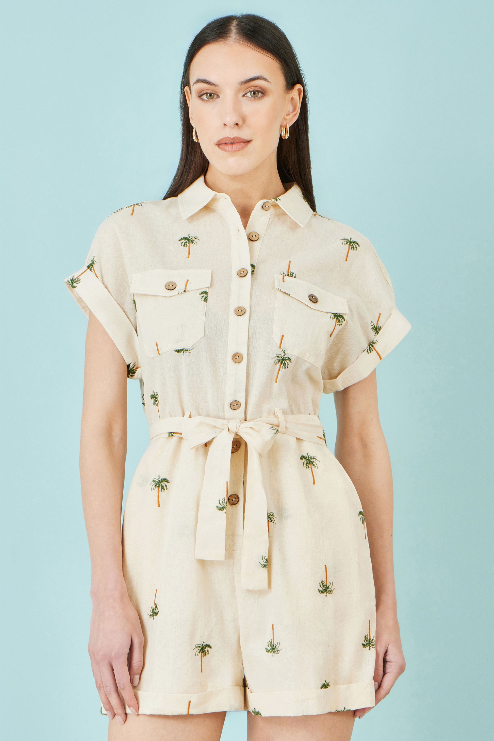 Yumi White Embroidered Palm Print Cotton Playsuit PLAYSUIT Yumi