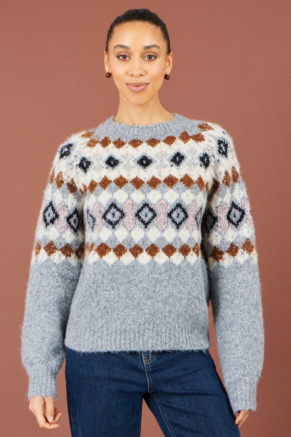 Yumi Grey Fairisle Wool Blend Relaxed Jumper
