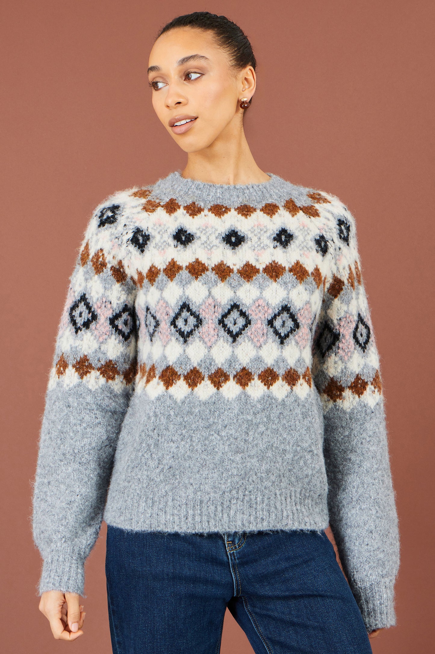 Yumi Grey Fairisle Wool Blend Relaxed Jumper