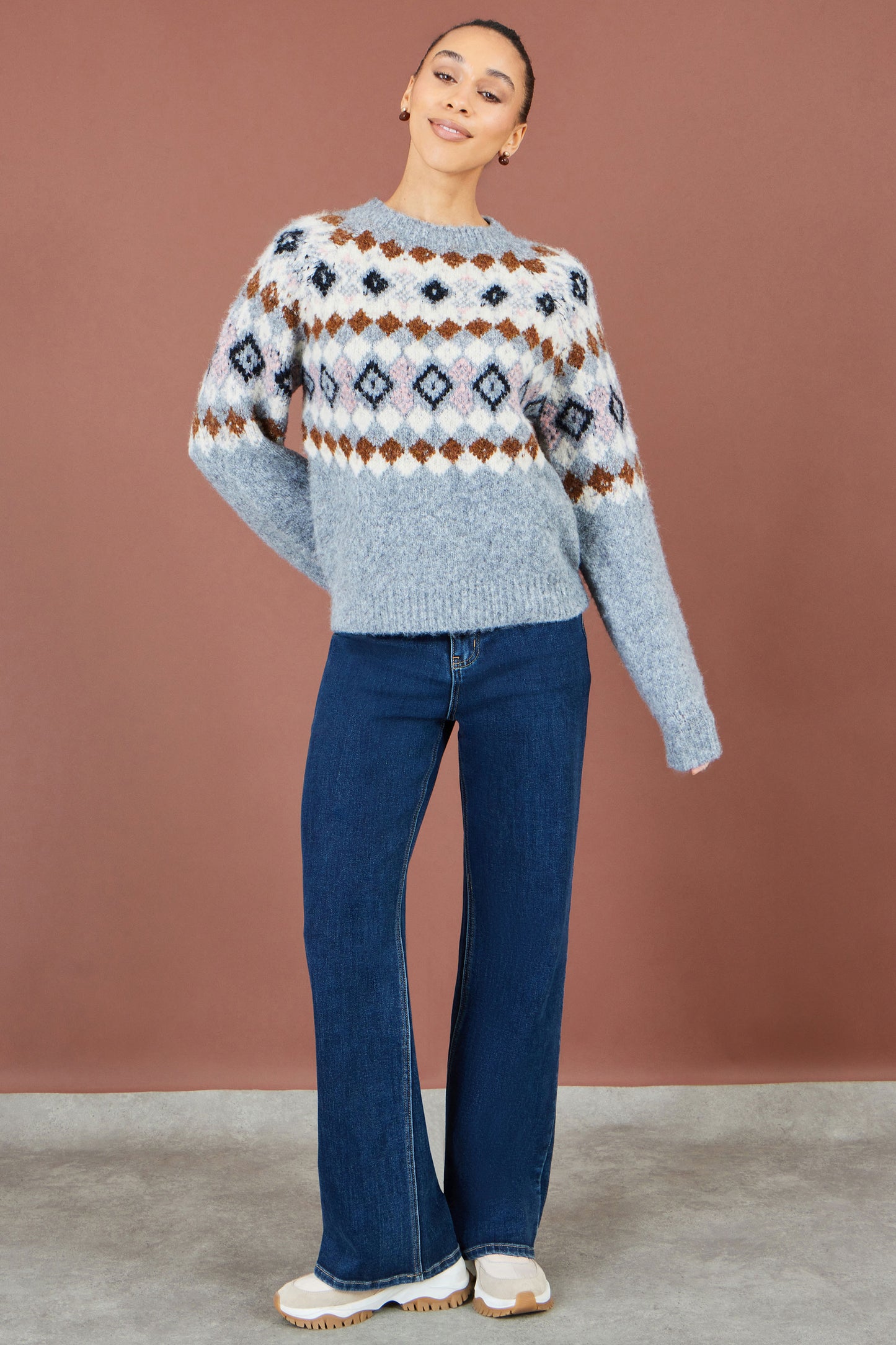 Yumi Grey Fairisle Wool Blend Relaxed Jumper