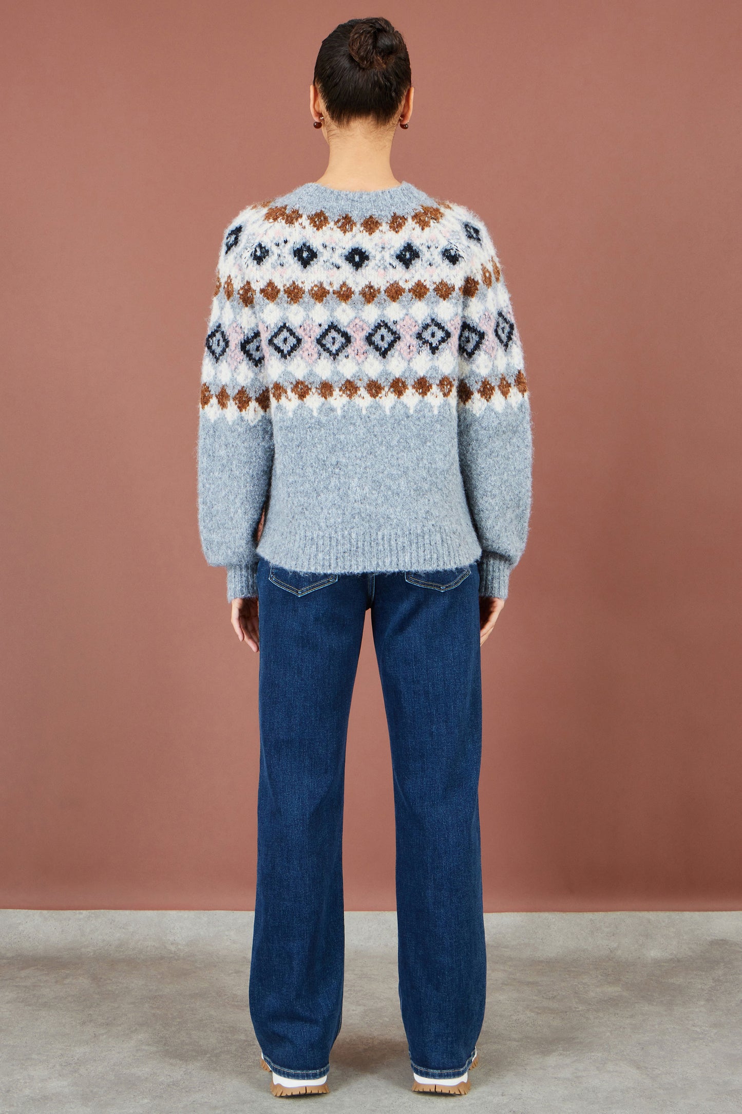 Yumi Grey Fairisle Wool Blend Relaxed Jumper