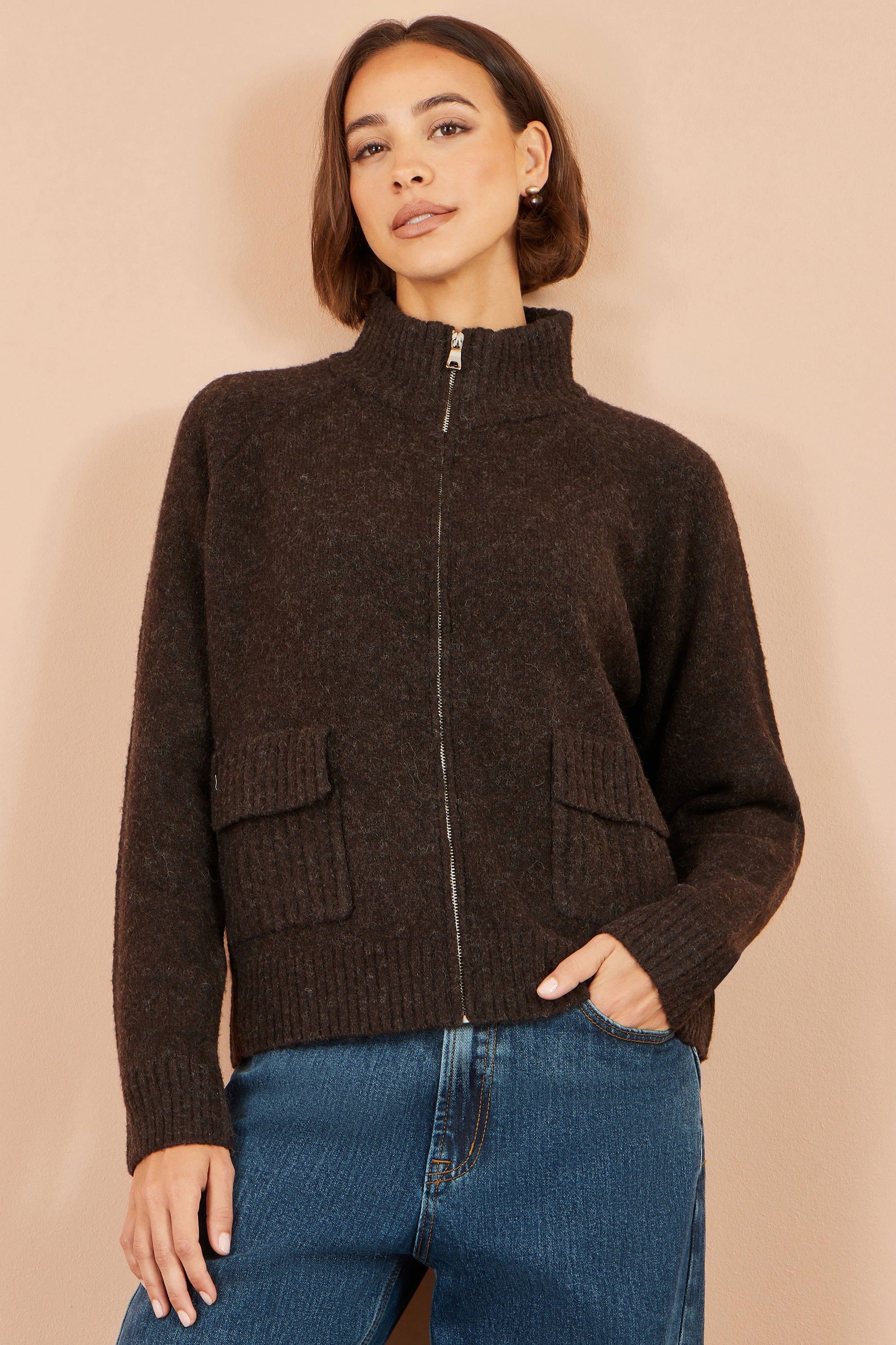 Yumi Brown Zip Up Cardigan Knit Cardigan Yumi