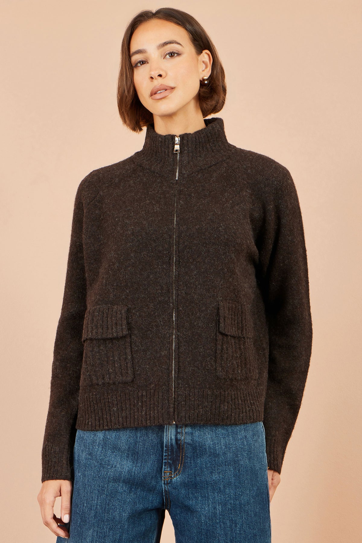 Yumi Brown Zip Up Cardigan Knit Cardigan Yumi