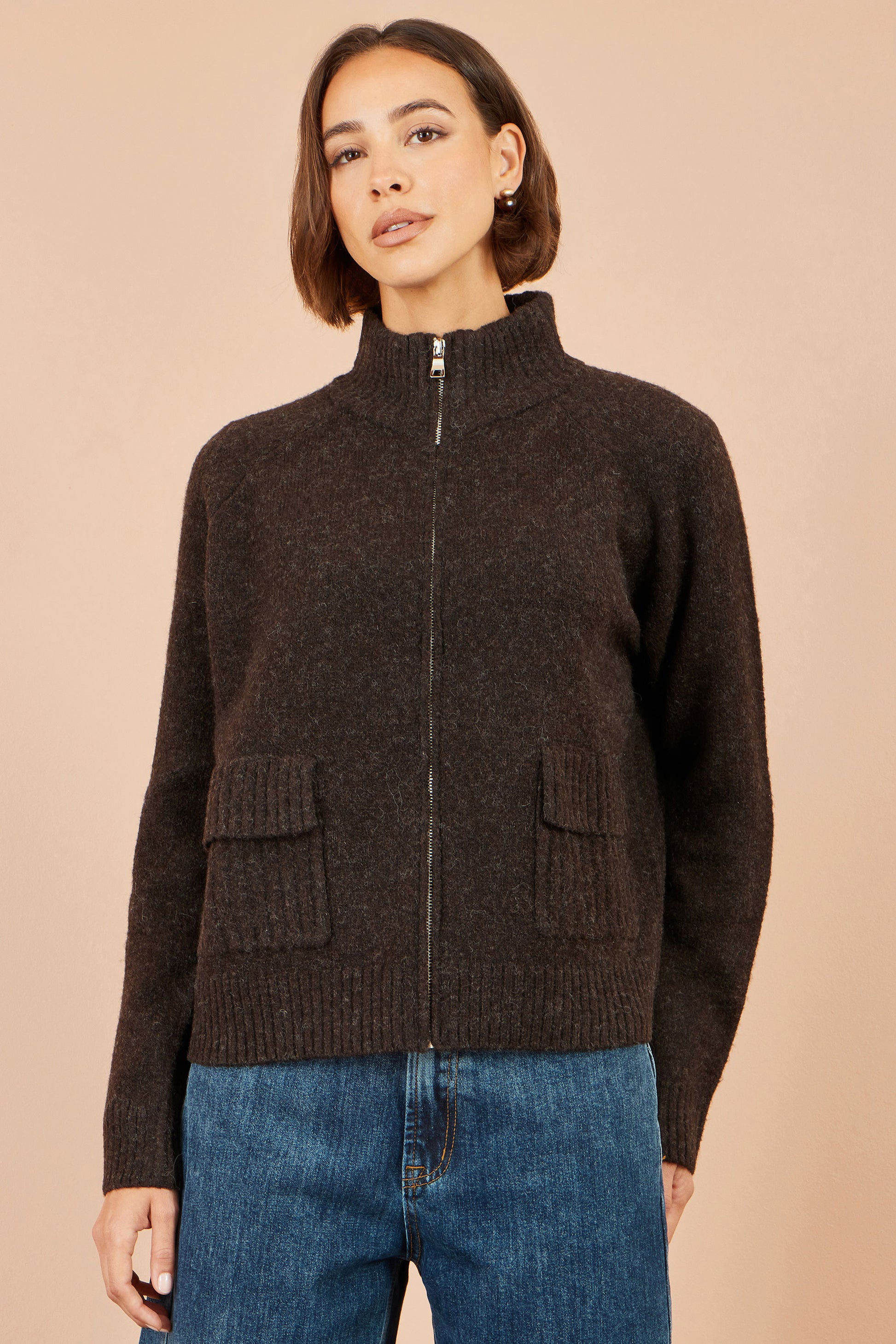 Yumi Brown Zip Up Cardigan Knit Cardigan Yumi