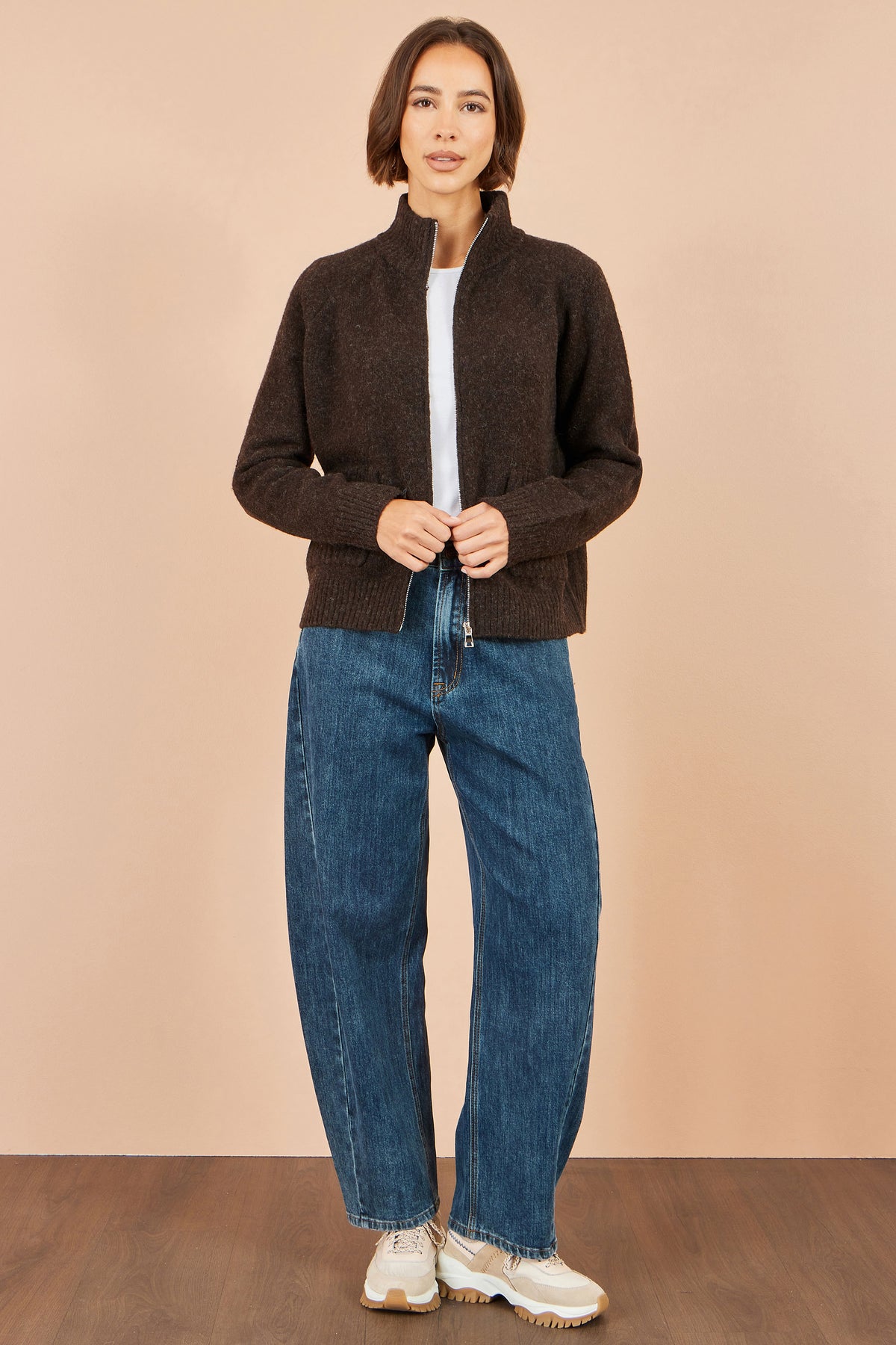 Yumi Brown Zip Up Cardigan Knit Cardigan Yumi