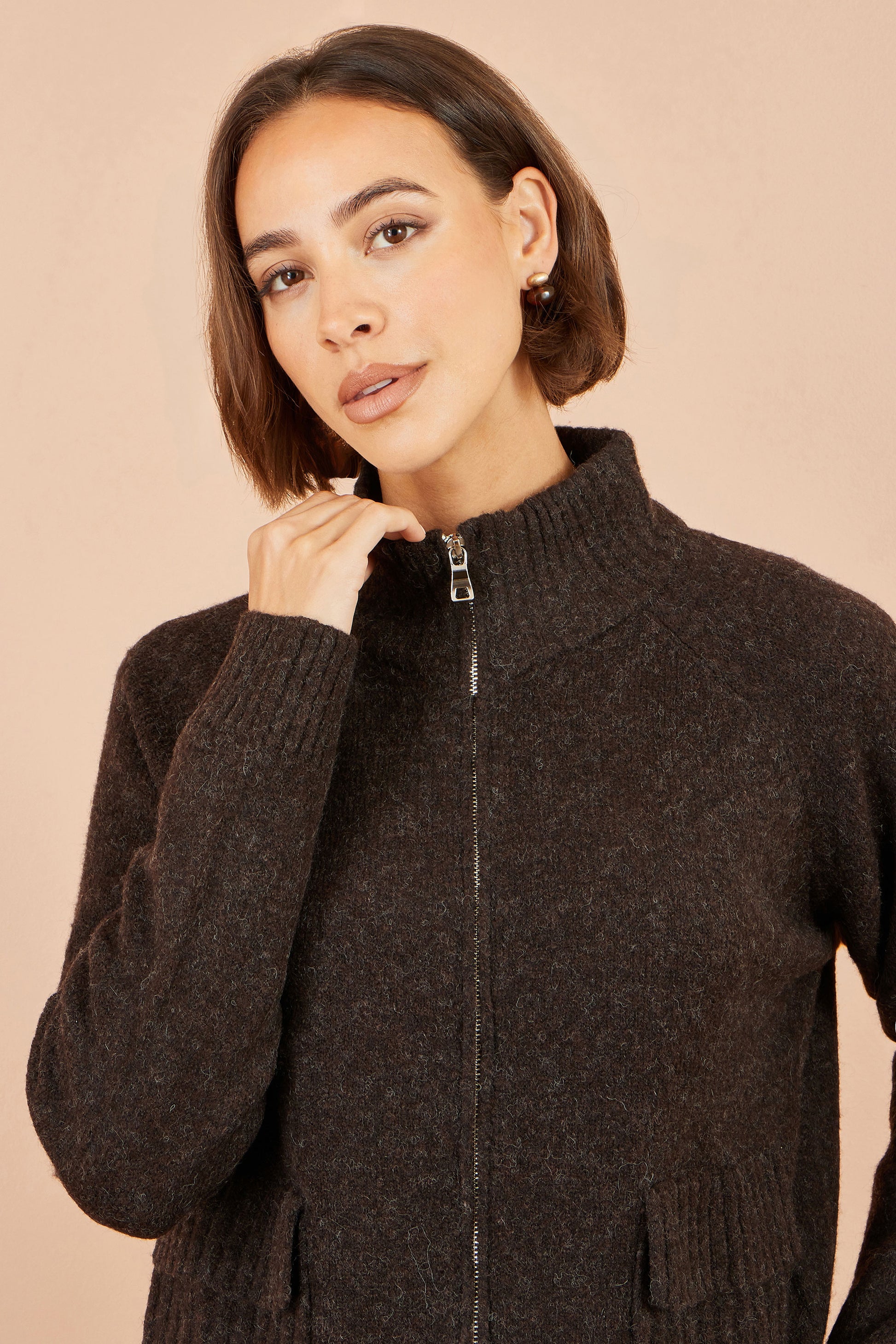 Yumi Brown Zip Up Cardigan Knit Cardigan Yumi
