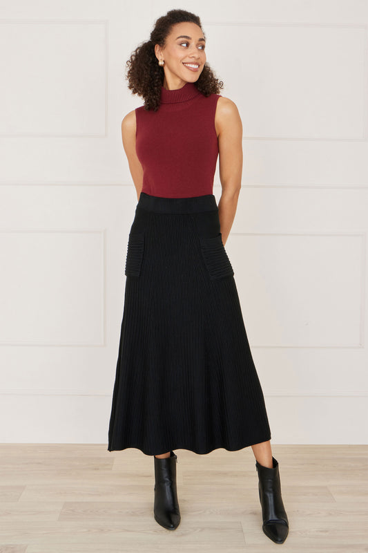 Yumi Black Knitted Midi Skirt With Pockets Knit Skirt Yumi