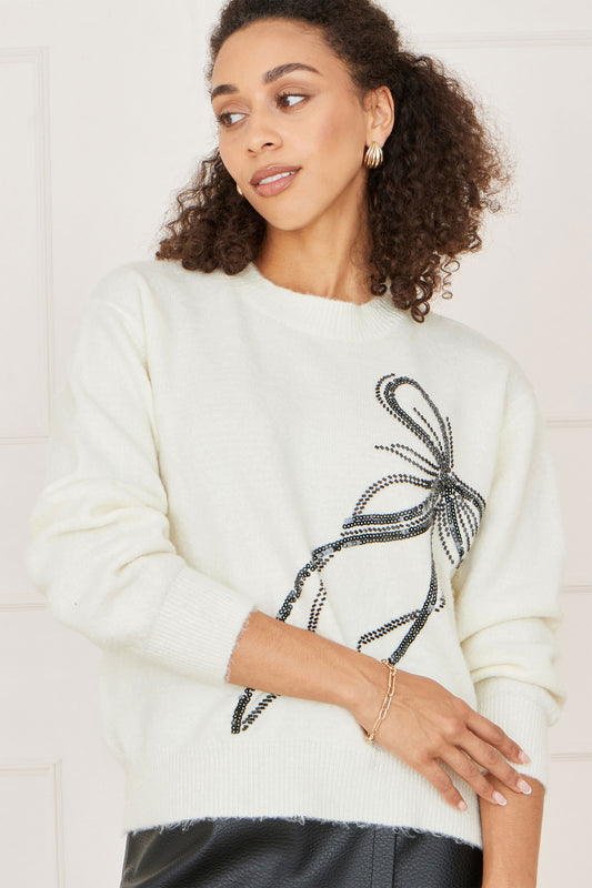 Yumi Ivory Sequin Bow Relaxed Jumper Knit Xmas Jumper Yumi