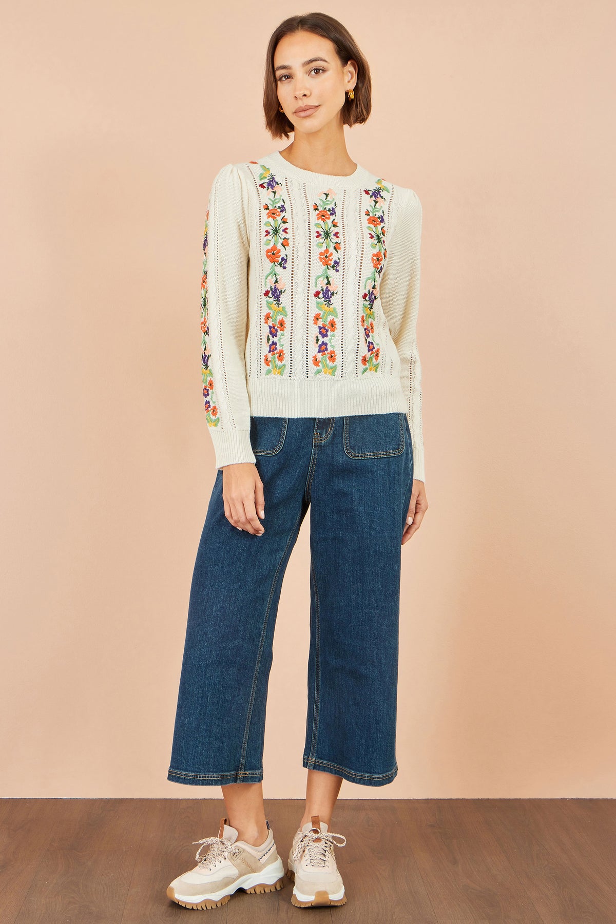 Yumi Ivory Floral Embroidery Cable Jumper Knit Jumper Yumi