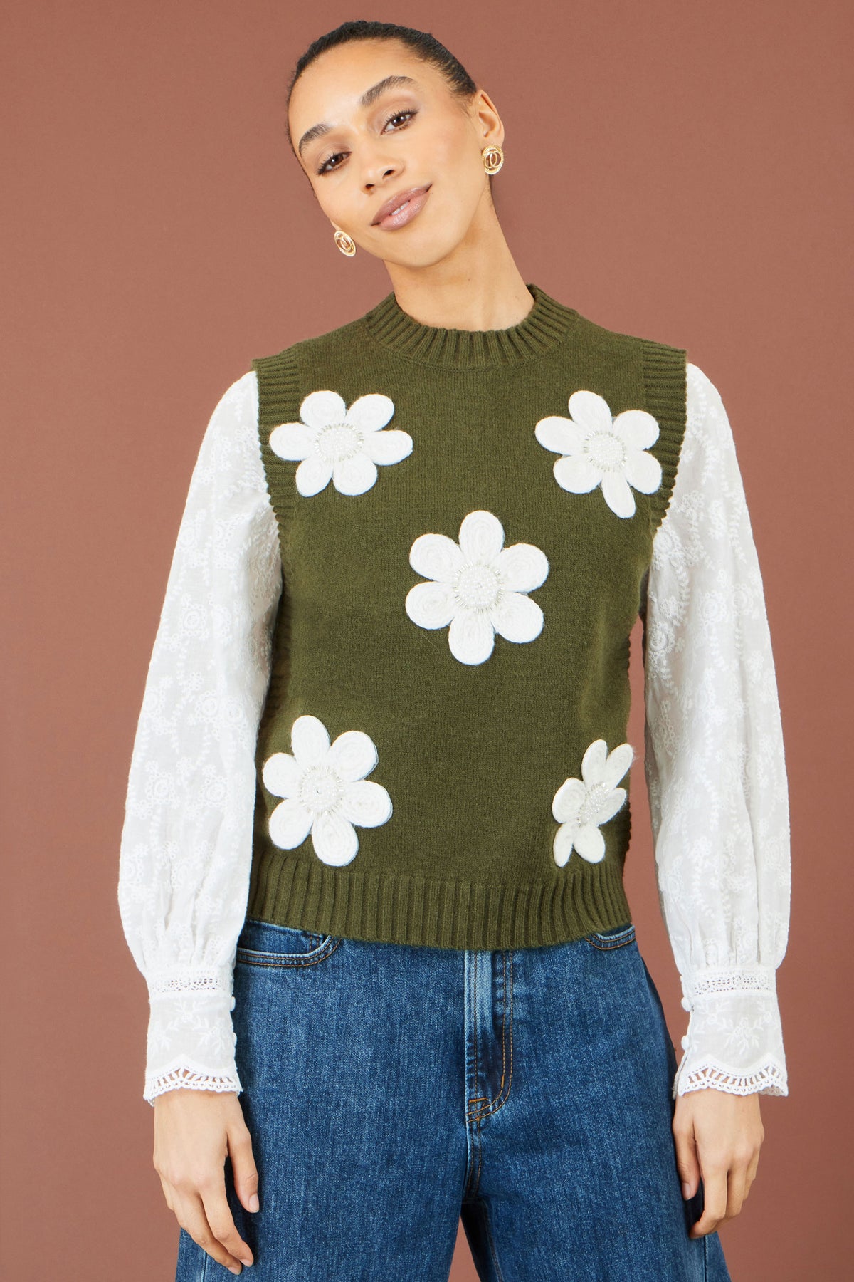 Yumi Green Flower Applique Knit Tank Knit Pullover Yumi
