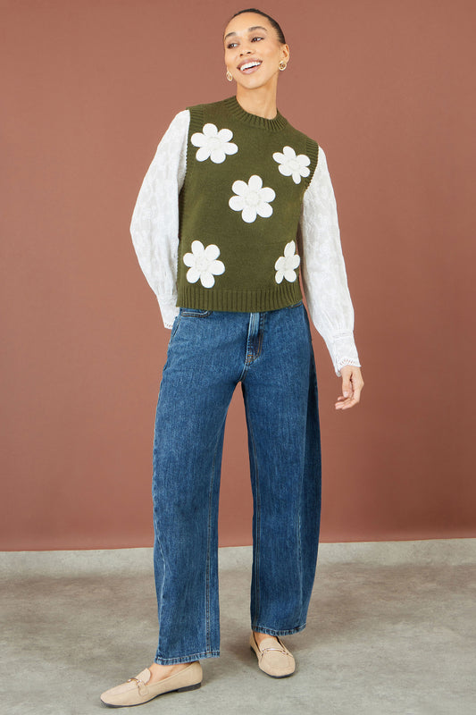 Yumi Green Flower Applique Knit Tank Knit Pullover Yumi