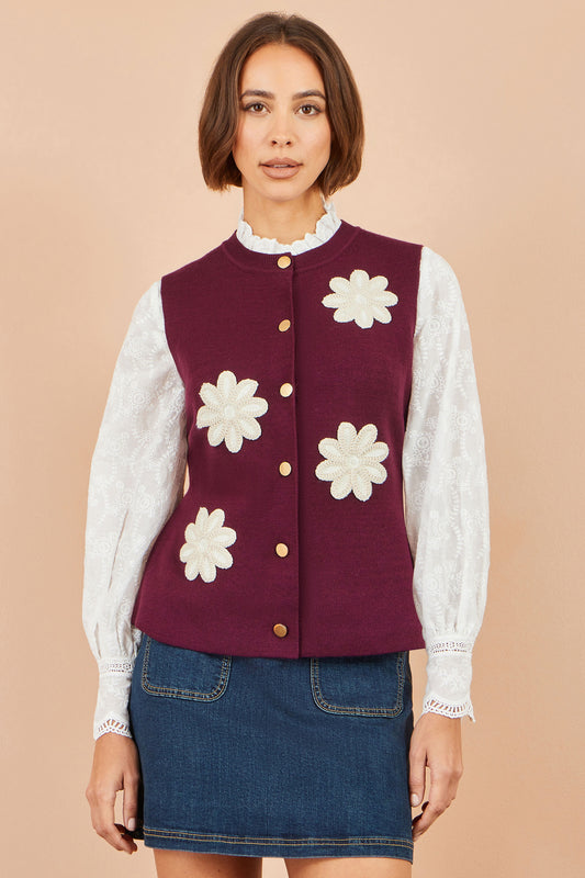 Yumi Burgundy Flower Applique Knit Waistcoat Knit Pullover Yumi