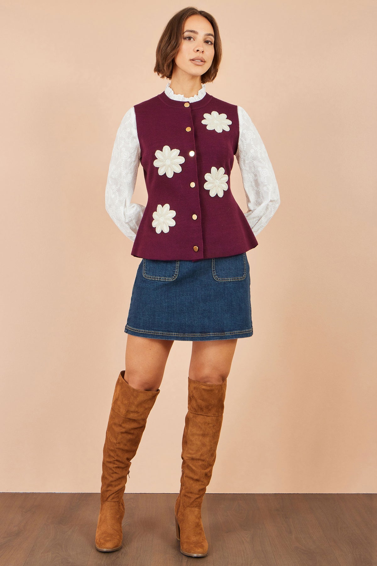 Yumi Burgundy Flower Applique Knit Waistcoat Knit Pullover Yumi