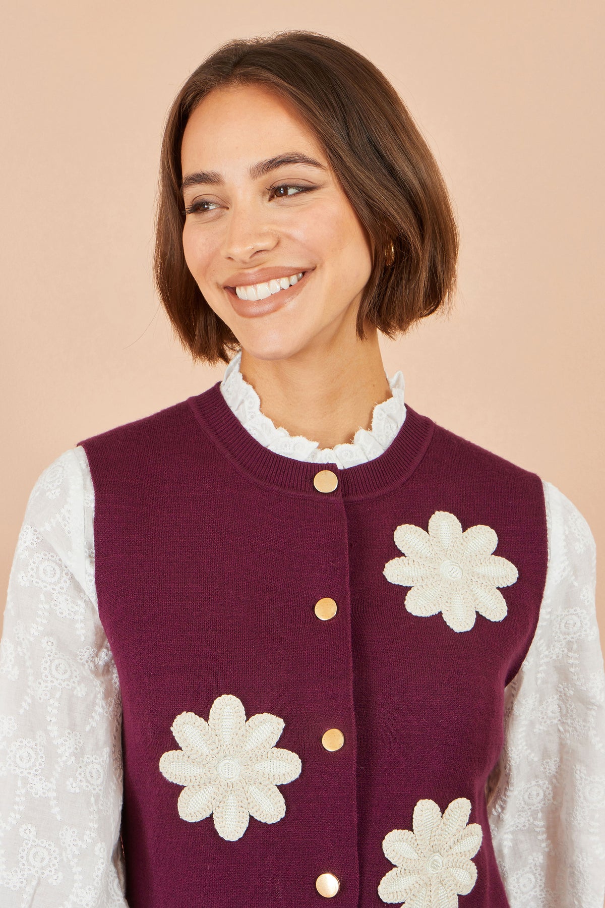Yumi Burgundy Flower Applique Knit Waistcoat Knit Pullover Yumi