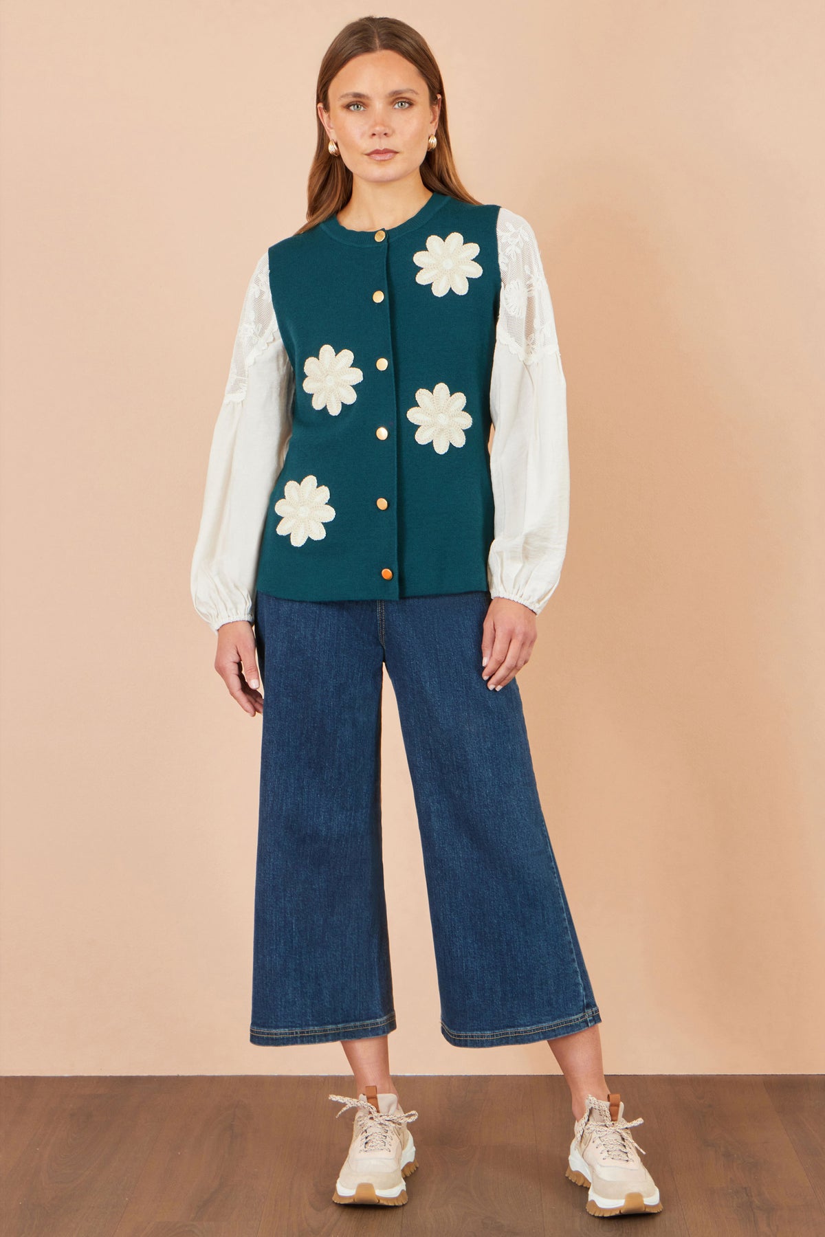 Yumi Teal Flower Applique Knit Waistcoat Knit Pullover Yumi