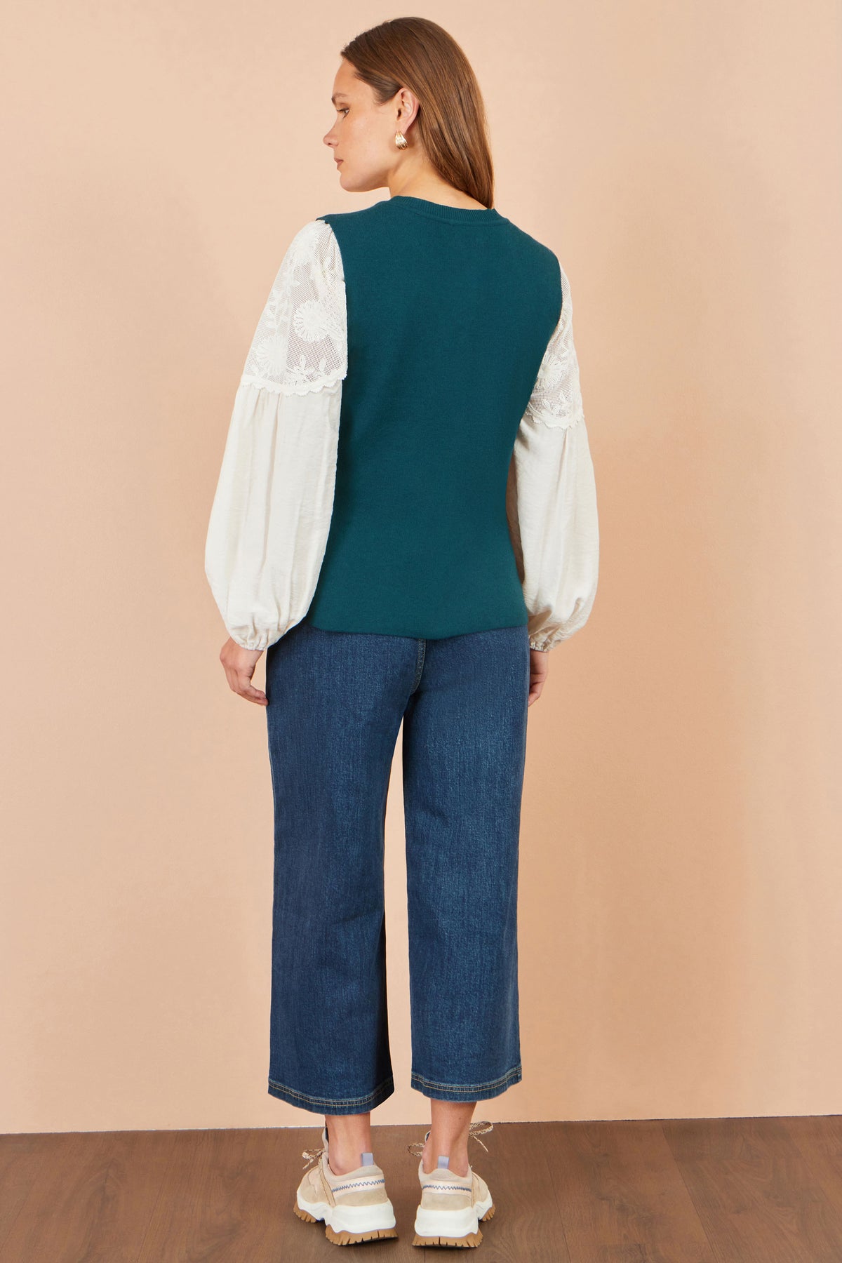Yumi Teal Flower Applique Knit Waistcoat Knit Pullover Yumi