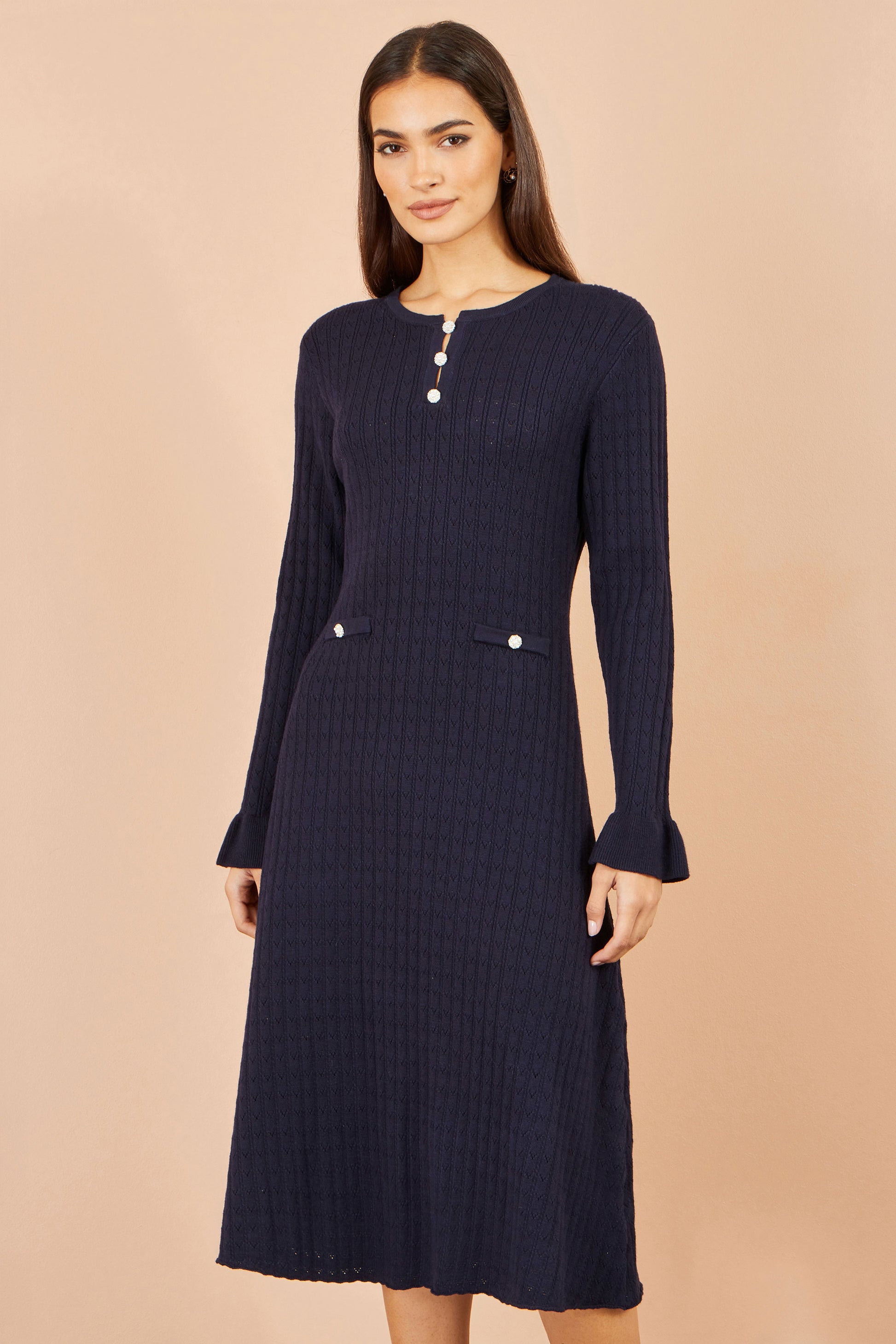 Yumi Navy Viscose Knitted Midi Dress With Buttons Knit Dress Yumi