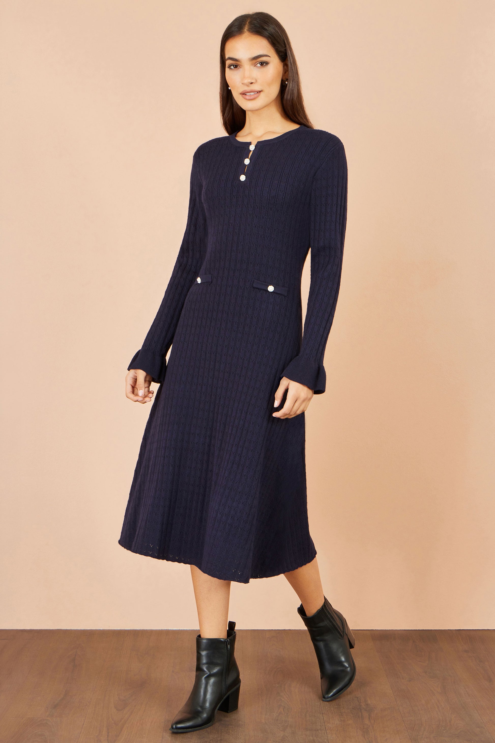 Yumi Navy Viscose Knitted Midi Dress With Buttons Knit Dress Yumi