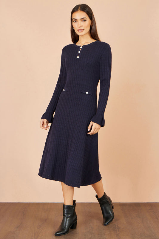 Yumi Navy Viscose Knitted Midi Dress With Buttons Knit Dress Yumi