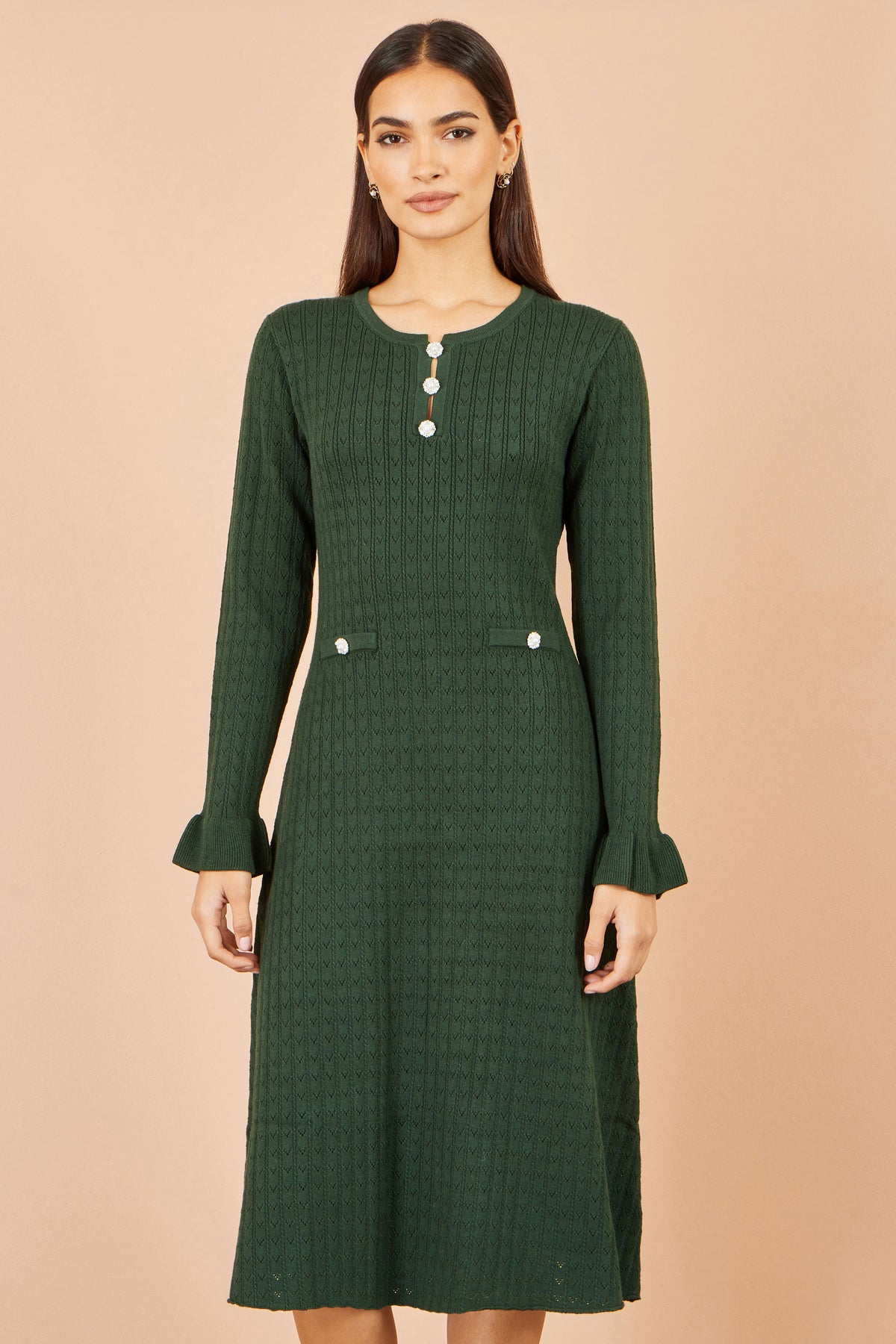 Yumi Green Viscose Knitted Midi Dress With Buttons Knit Dress Yumi