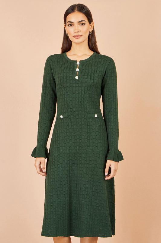 Yumi Green Viscose Knitted Midi Dress With Buttons Knit Dress Yumi
