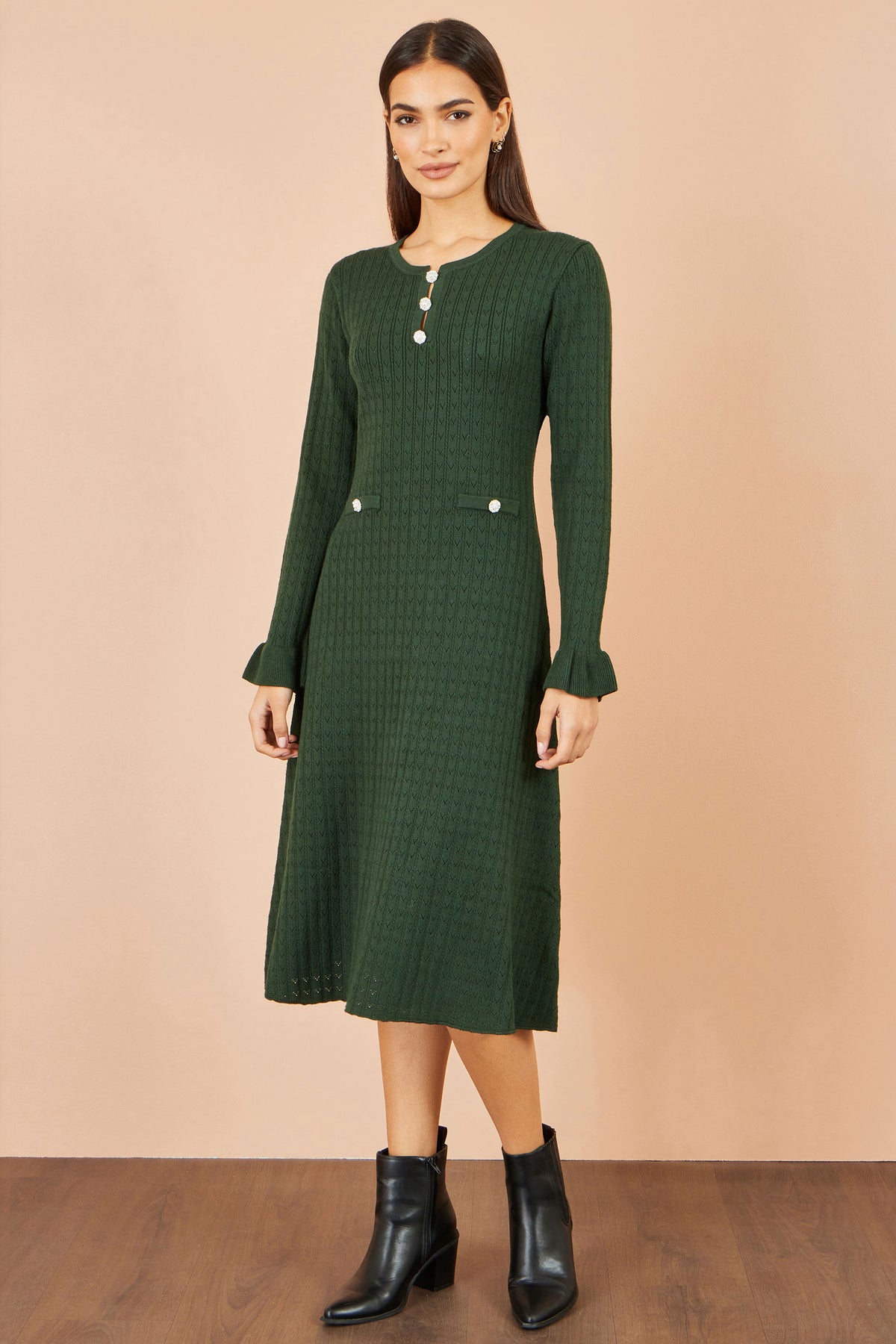 Yumi Green Viscose Knitted Midi Dress With Buttons Knit Dress Yumi