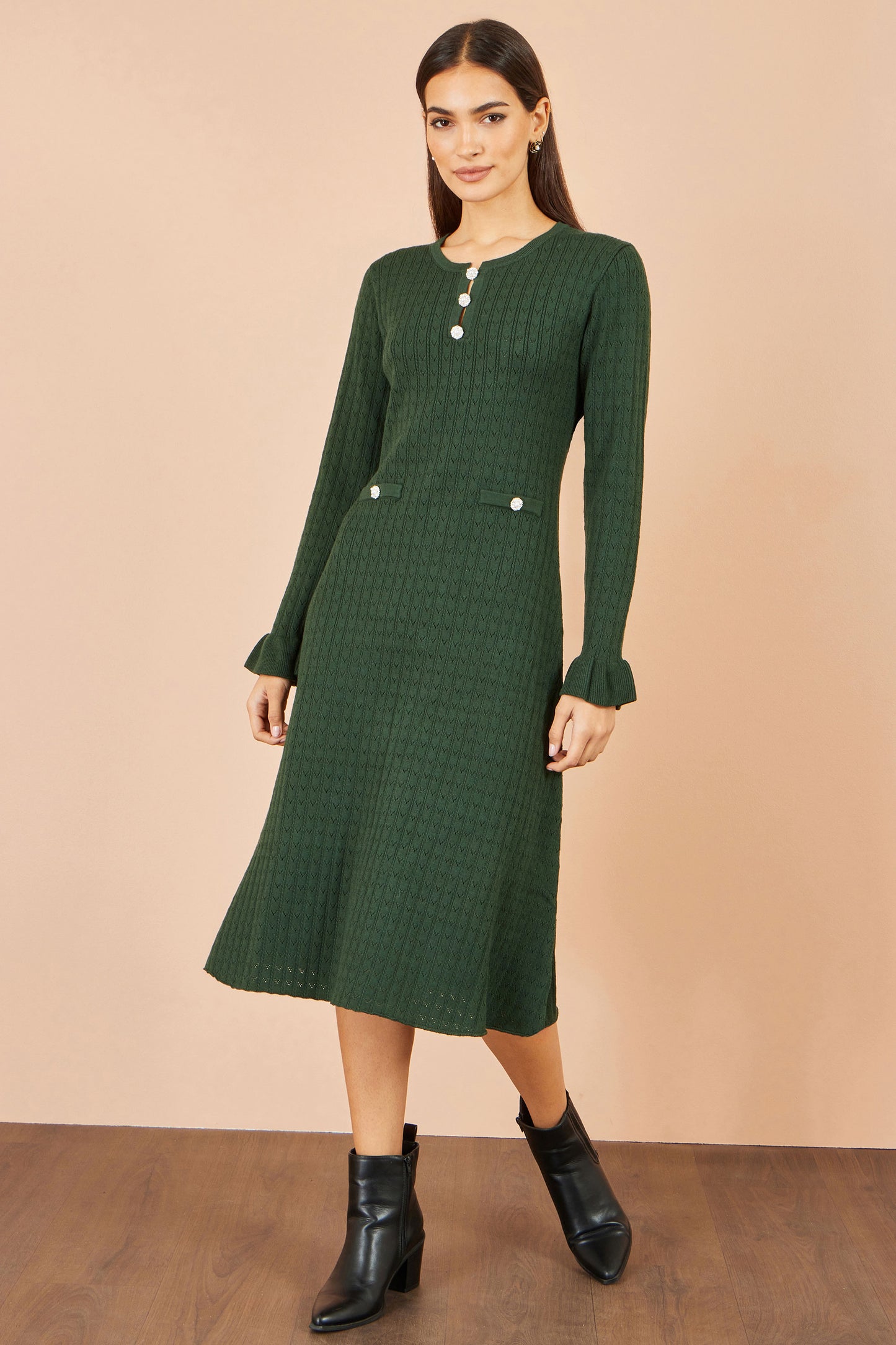 Yumi Green Viscose Knitted Midi Dress With Buttons Knit Dress Yumi